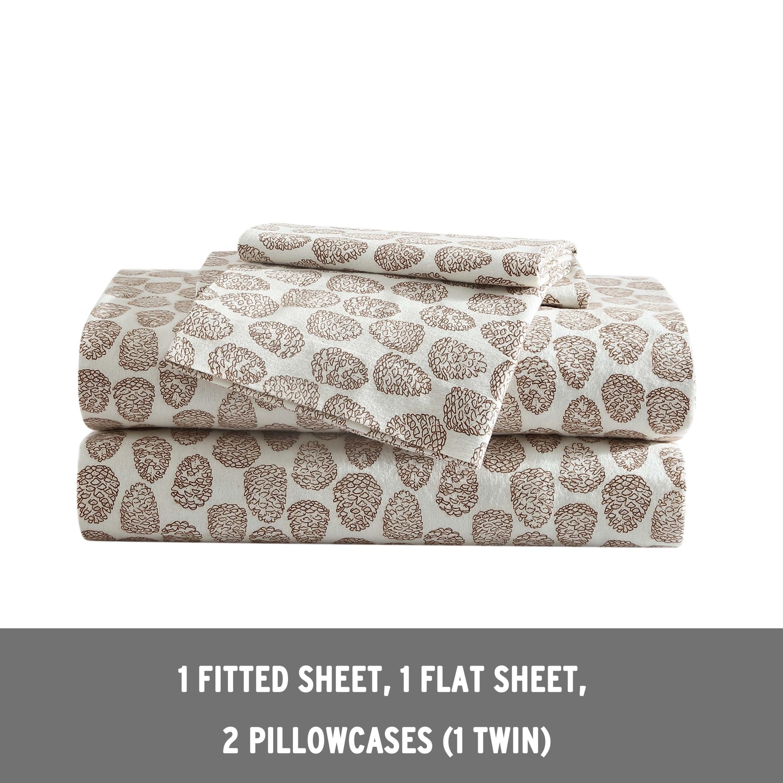 Eddie Bauer - Twin Sheets, Cotton Flannel Bedding Set, Brushed For Extra Softness, Cozy Home Decor (Little Creek Pine Cone Beige, Twin)