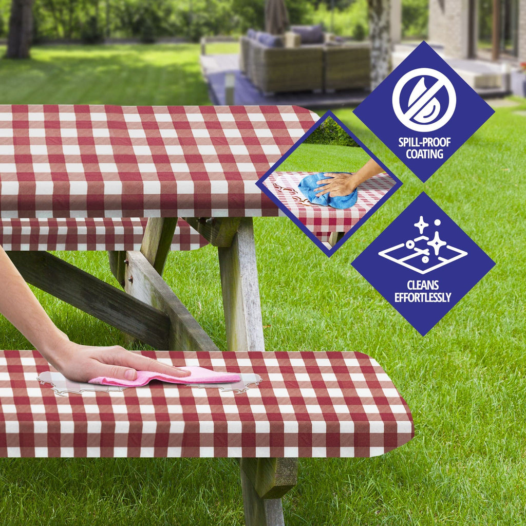 Sorfey Vinyl Picnic Table And Bench Fitted Tablecloth Cover, Checkered Design, Flannel Backed Lining, 30 X 96 Inch, 3-Piece Set, Red