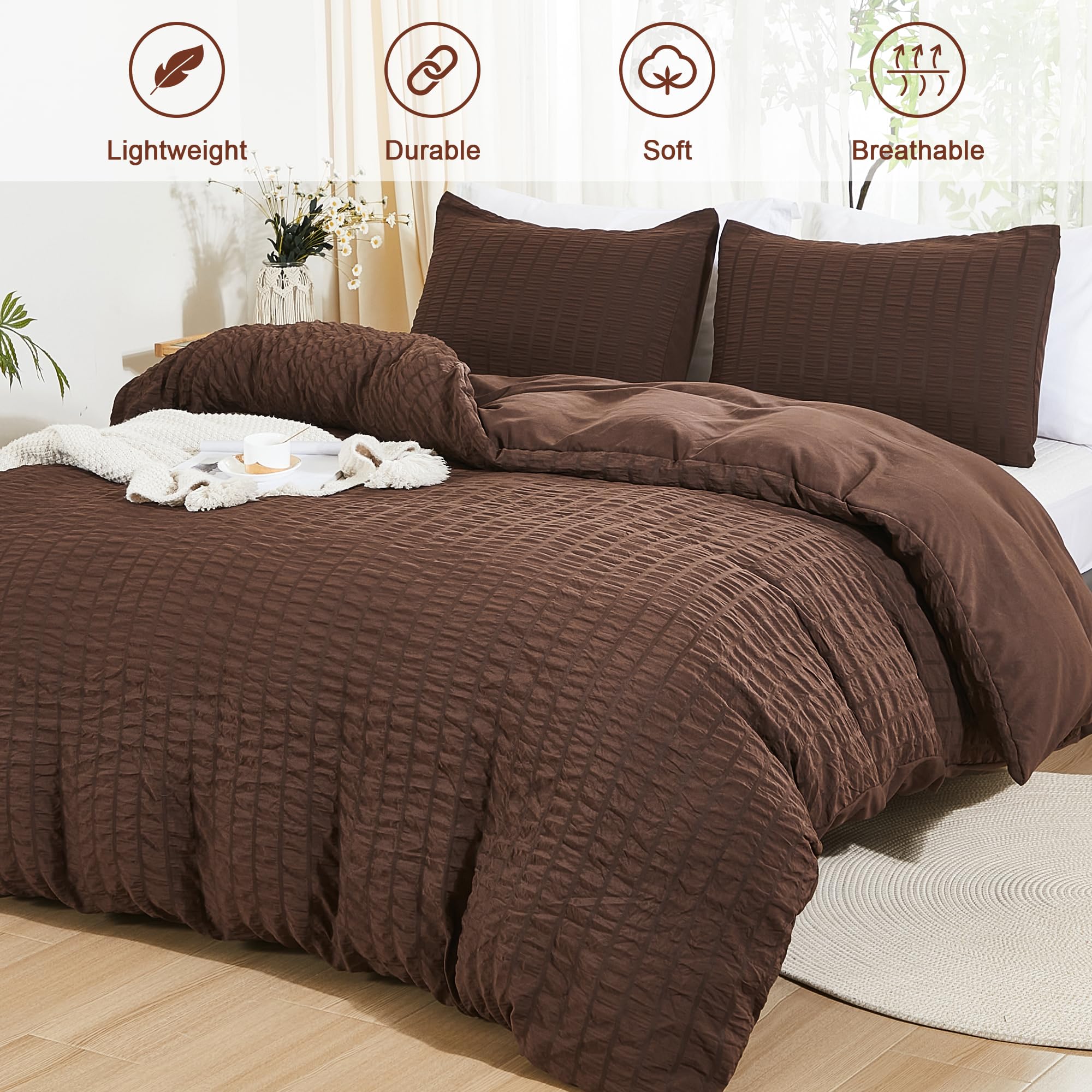 Avelom Brown Duvet Cover Full(80 X 90 Inches), 3 Pieces (1 Duvet Cover, 2 Pillow Cases),Seersucker Tripe Soft Washed Microfiber Textured Duvet Cover Set With Zipper Closure, Corner Ties
