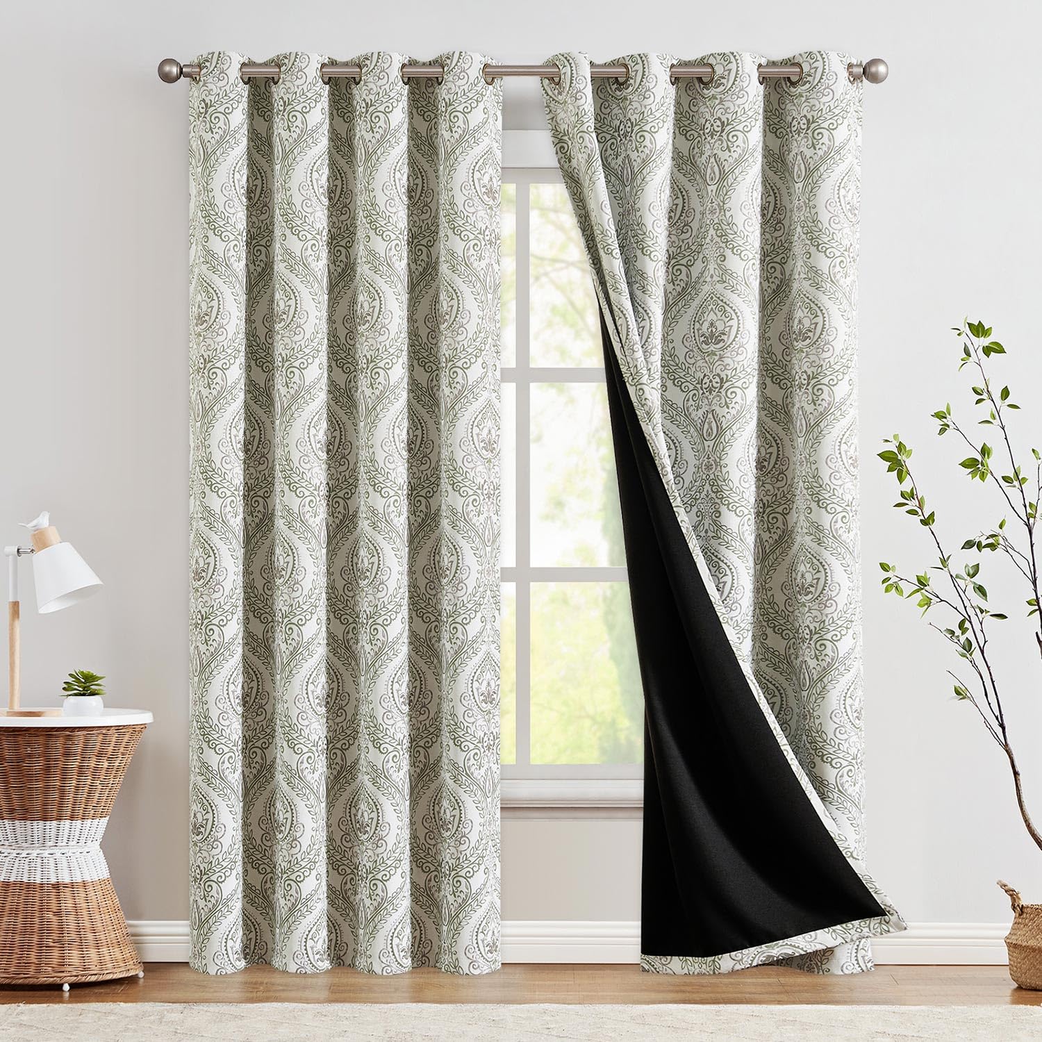Jinchan 100% Blackout Curtains 84 Inches Long Sage Green Damask Medallion Window Curtains For Bedroom Grommet Thermal Insulated Drapes For Living Room Vintage Luxury Window Treatments Set 2 Panels