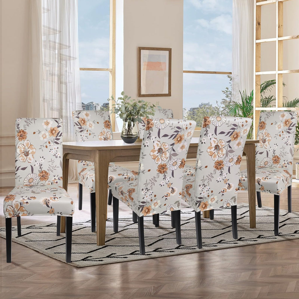 Searchi Printed Dining Room Chair Covers Set Of 4, Stretch Kitchen Chair Covers Washable Parsons Chair Slipcover Removable Dining Chair Protectors For Hotel,Ceremony(Brown Floral)