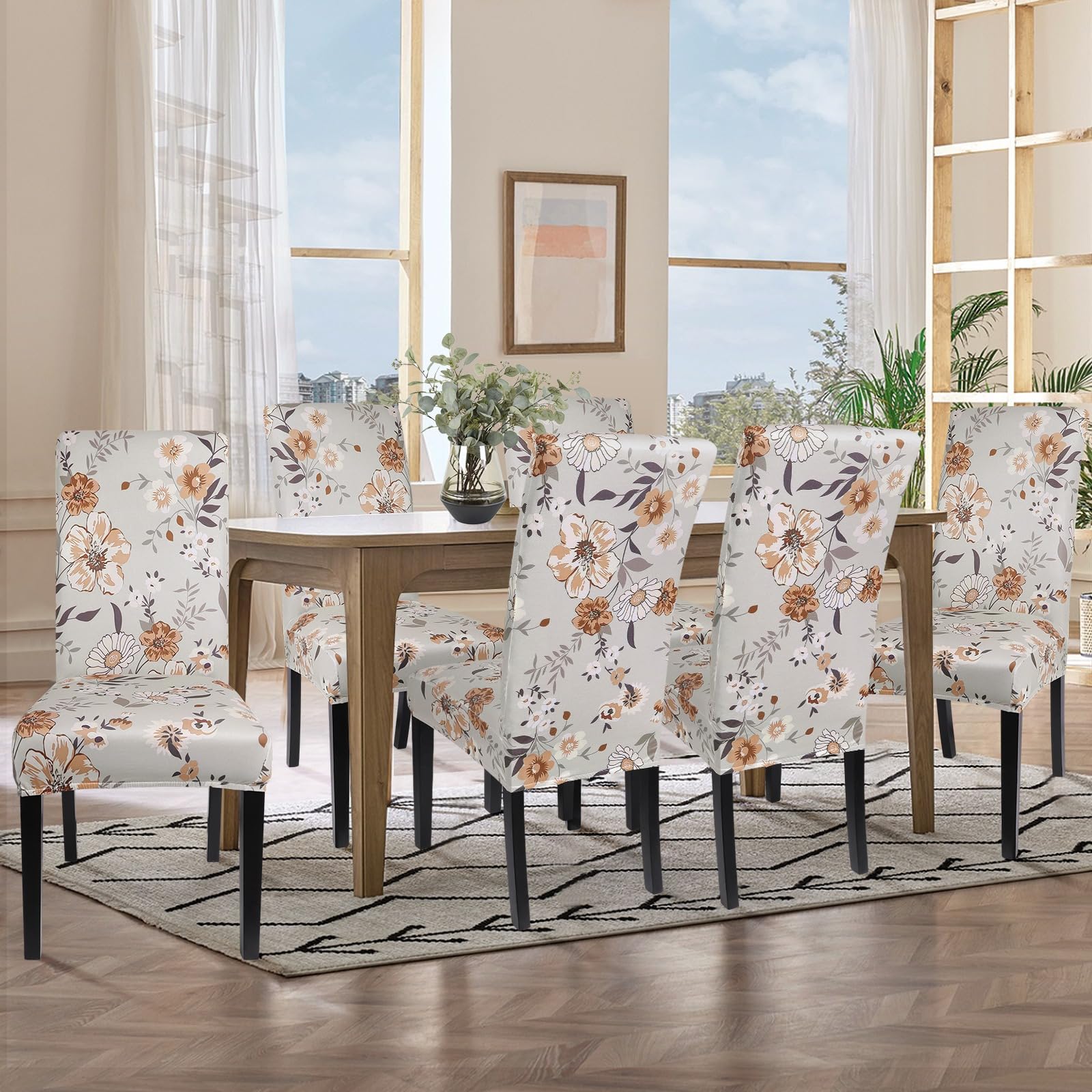 Searchi Printed Dining Room Chair Covers Set Of 4, Stretch Kitchen Chair Covers Washable Parsons Chair Slipcover Removable Dining Chair Protectors For Hotel,Ceremony(Brown Floral)