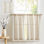 Jinchan Linen Kitchen Curtains Striped Tier Curtains 36 Inch Cafe Curtains Farmhouse Small Curtains Balanced Stripe Half Window Curtains Light Filtering For Bathroom Laundry 2 Panels Taupe On Beige