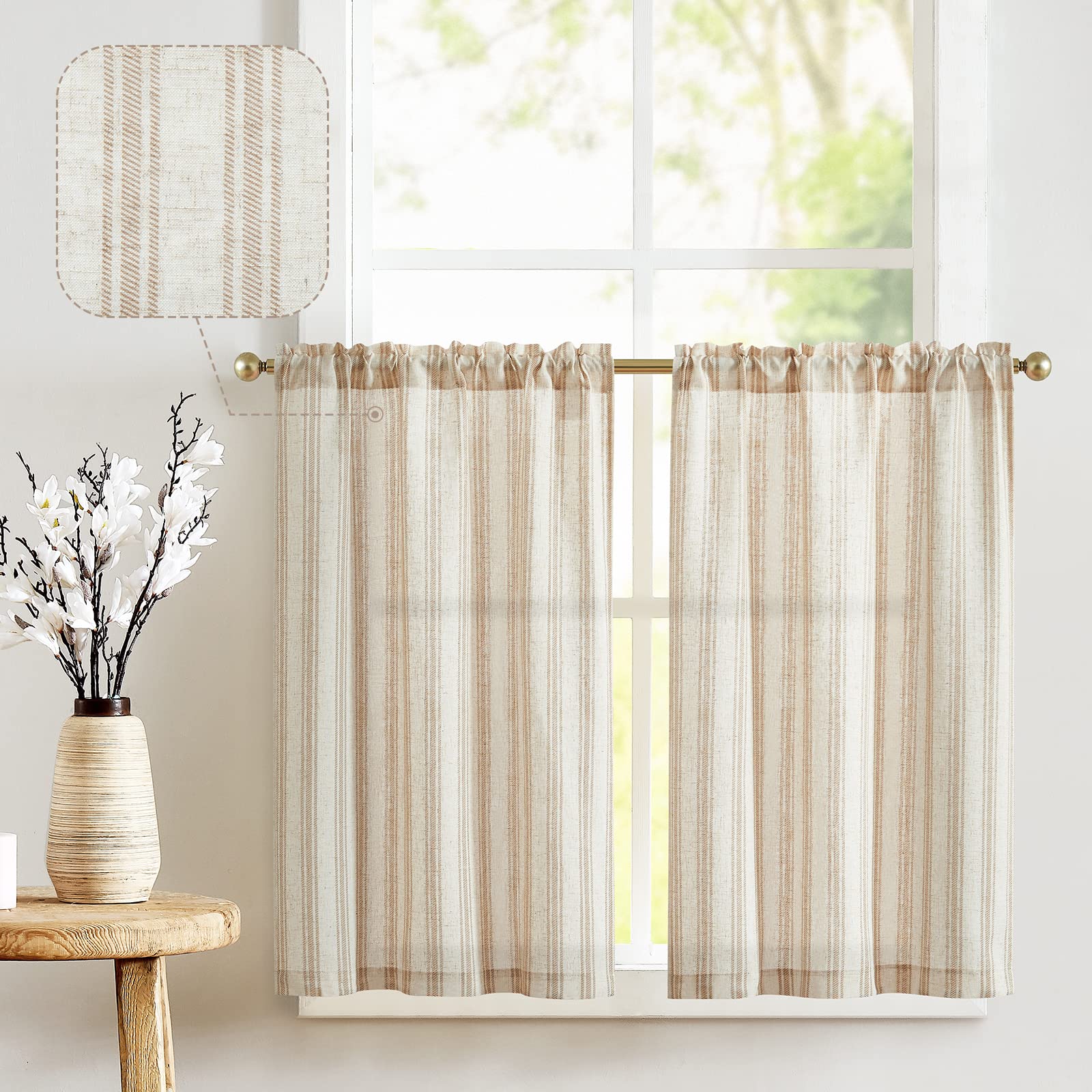 Jinchan Linen Kitchen Curtains Striped Tier Curtains 36 Inch Cafe Curtains Farmhouse Small Curtains Balanced Stripe Half Window Curtains Light Filtering For Bathroom Laundry 2 Panels Taupe On Beige