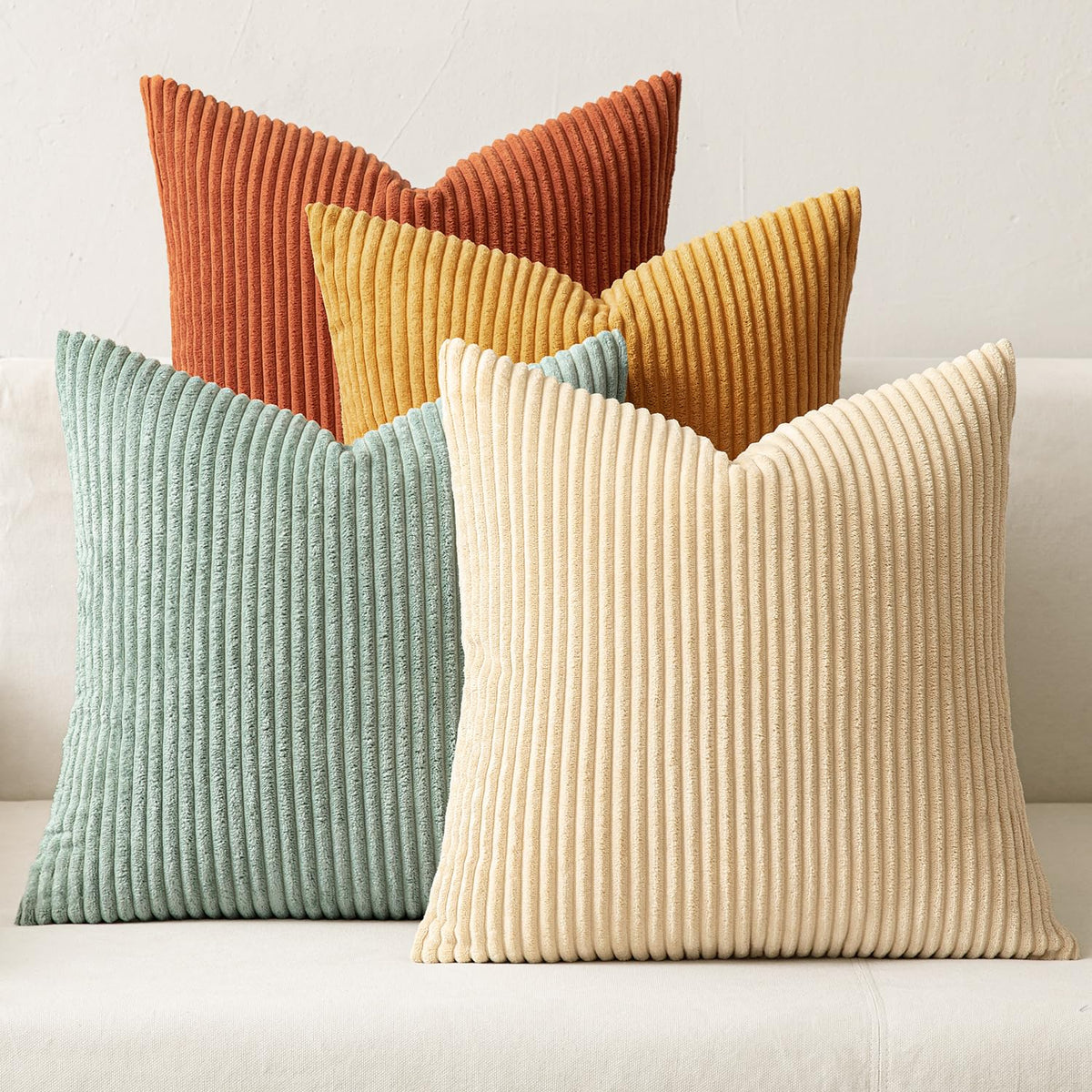 Miulee Pack Of 4 Teal-Rust Corduroy Decorative Throw Pillow Covers 18X18 Inch Soft Boho Striped Pillow Covers Modern Farmhouse H