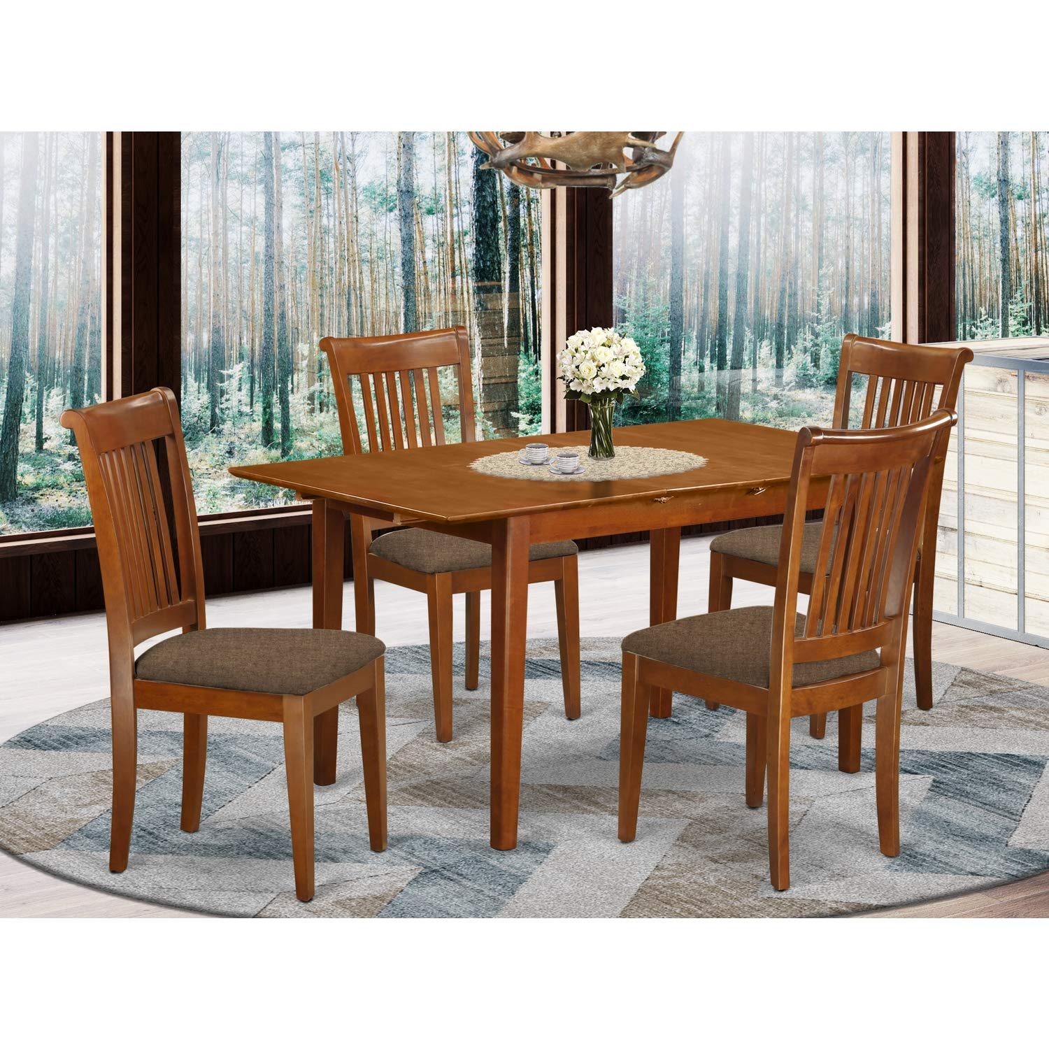 East West Furniture Pspo5-Sbr-C 5 Pc Small Kitchen Table Set Table With Leaf And 4 Dining Chairs
