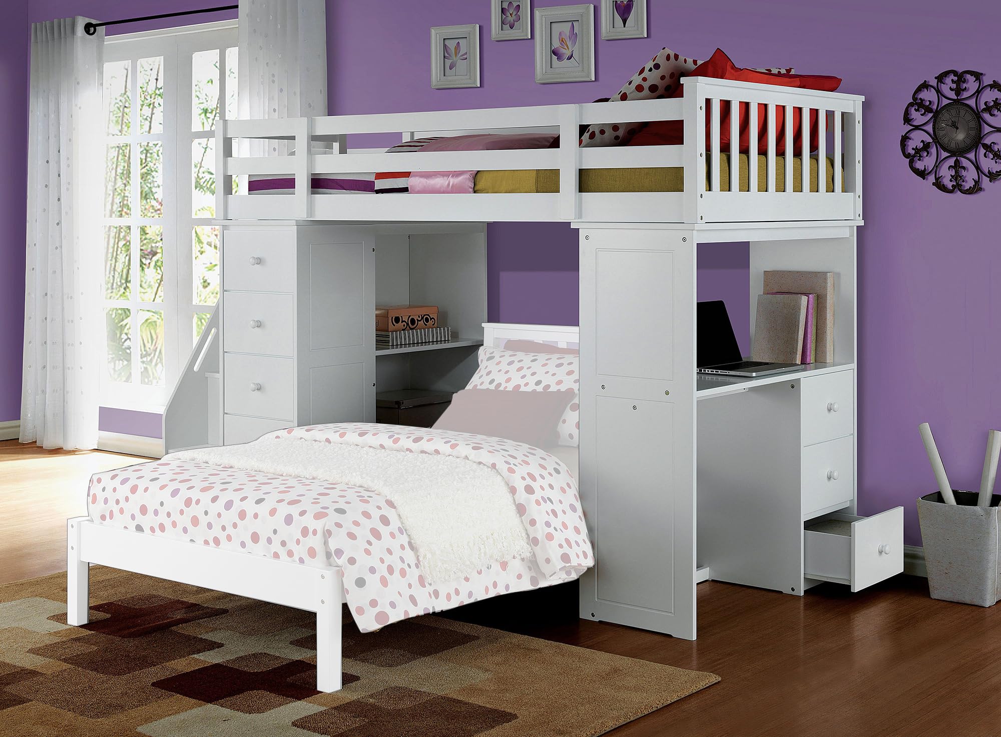 Acme Freya Solid Wood Storage Loft Bed with Bookshelf Ladder in White