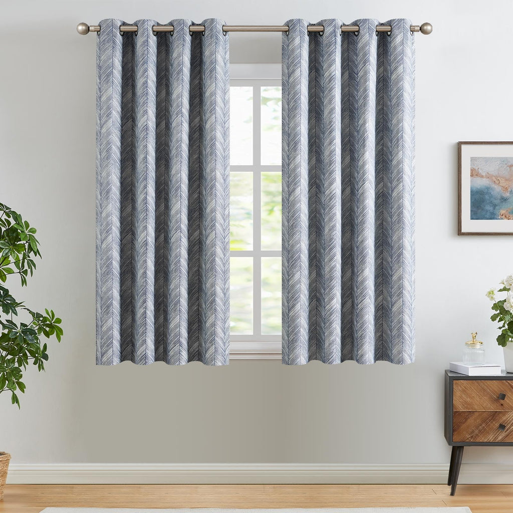 Jinchan Blue Printed Curtains 63 Inch Length For Living Room Grommet Jacquard Curtains With Herringbone Pattern Modern Room Dark