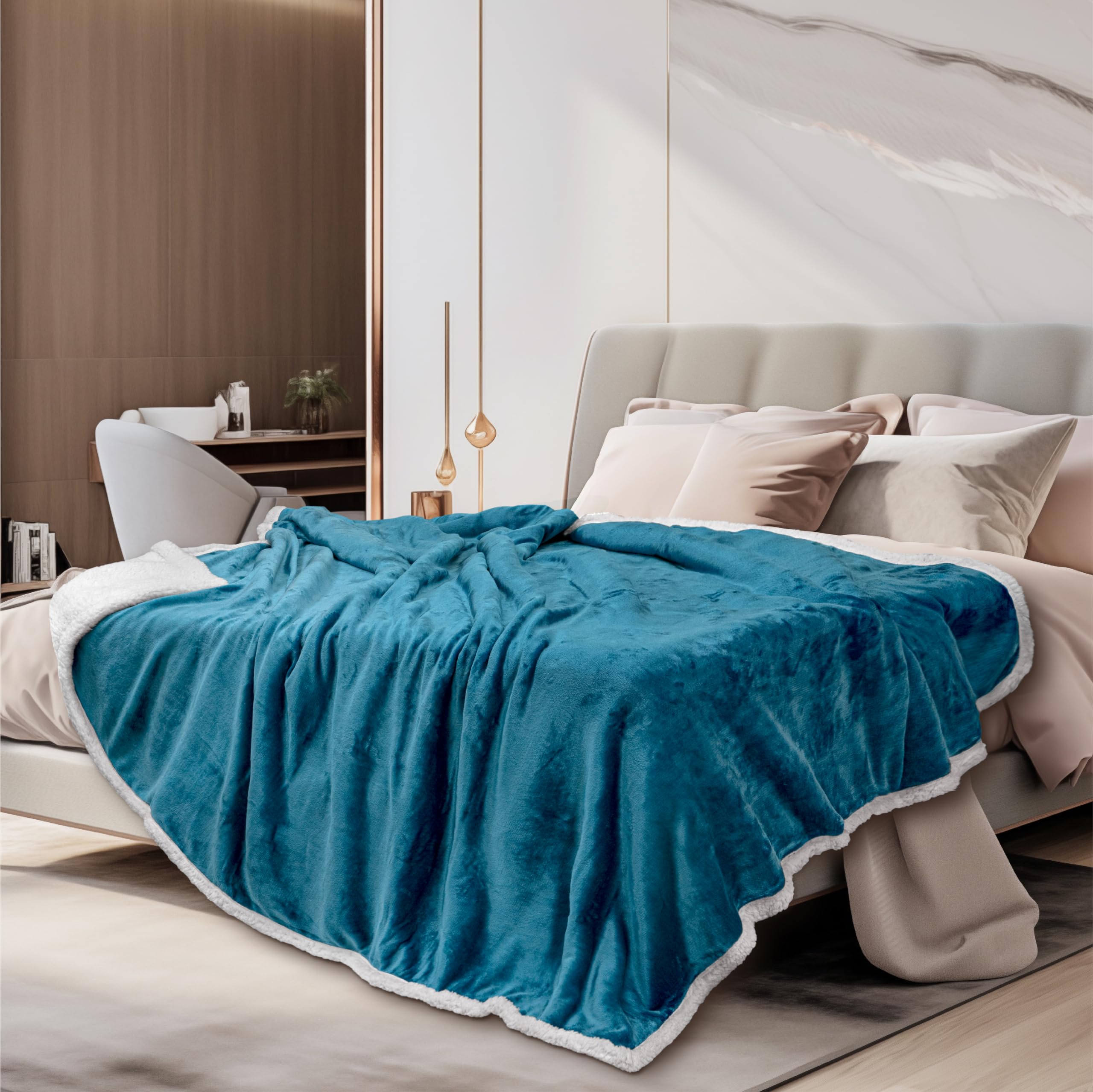 Pavilia Turquoise Sherpa Fleece Throw Blanket For Couch Twin, Soft Thick Bed Blanket Sofa, Cozy Warm Throw Blanket All Season, F