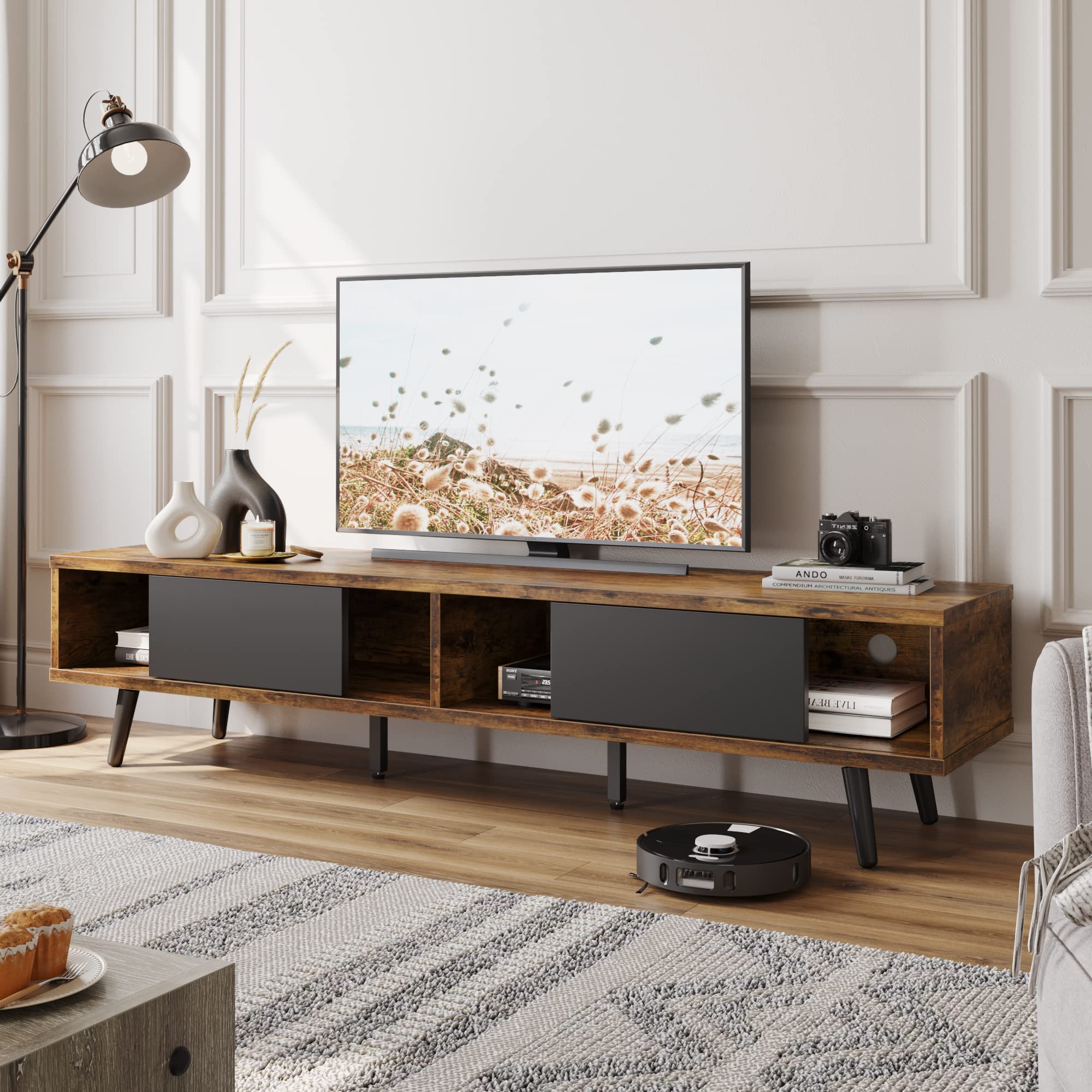 Bestier 70 Inch Mid Century Modern Tv Stand For 75 Inch Tv, Low Profile Tv Stand With Storage, Entertainment Center For Living Room, Cord Management, Rustic Black