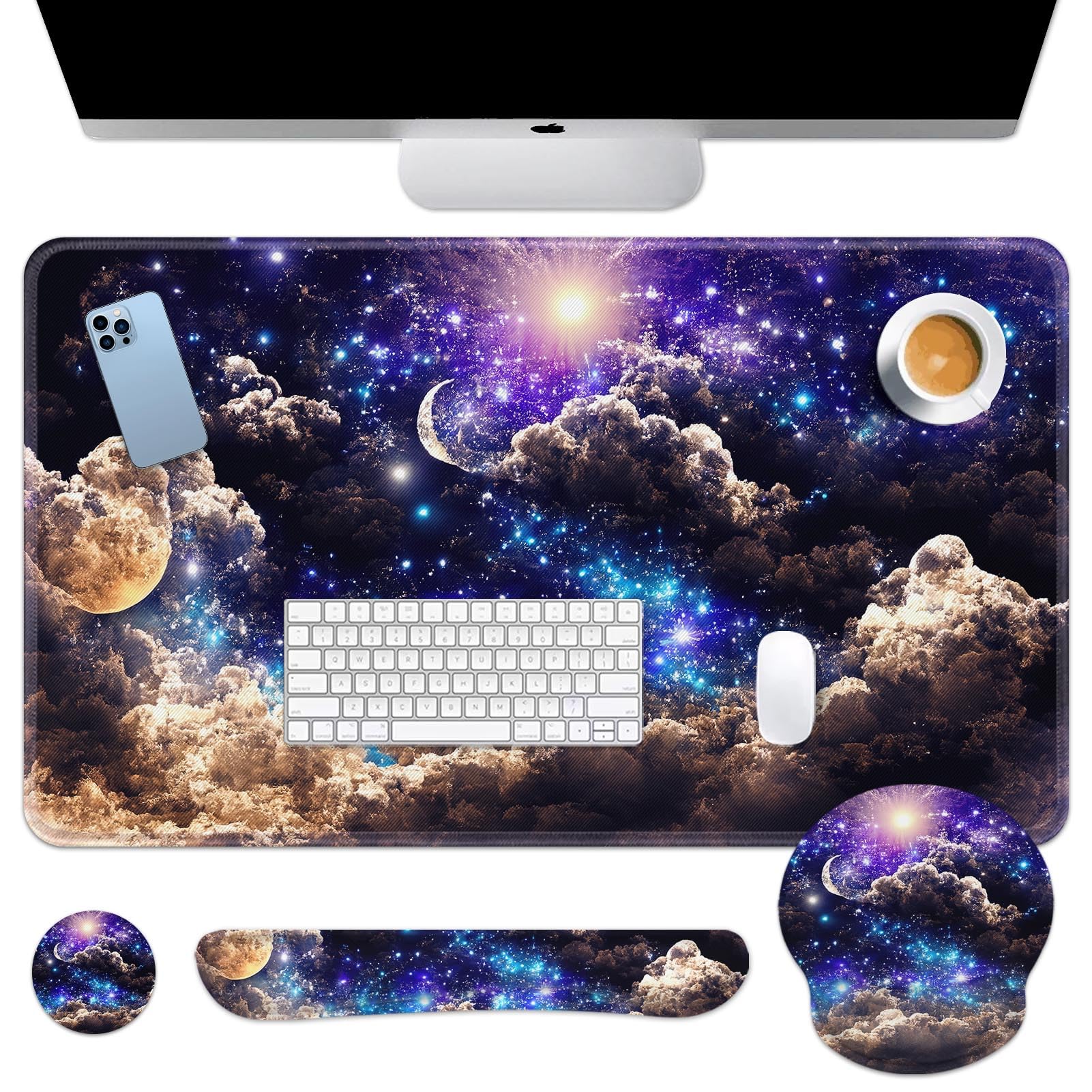 Britimes Moon Space Night Keyboard Mouse Pad Set Blue Cute Cloud 4In1 Large Mousepad+Keyboard Wrist Rest+Mouse Wrist Rest+Coaste