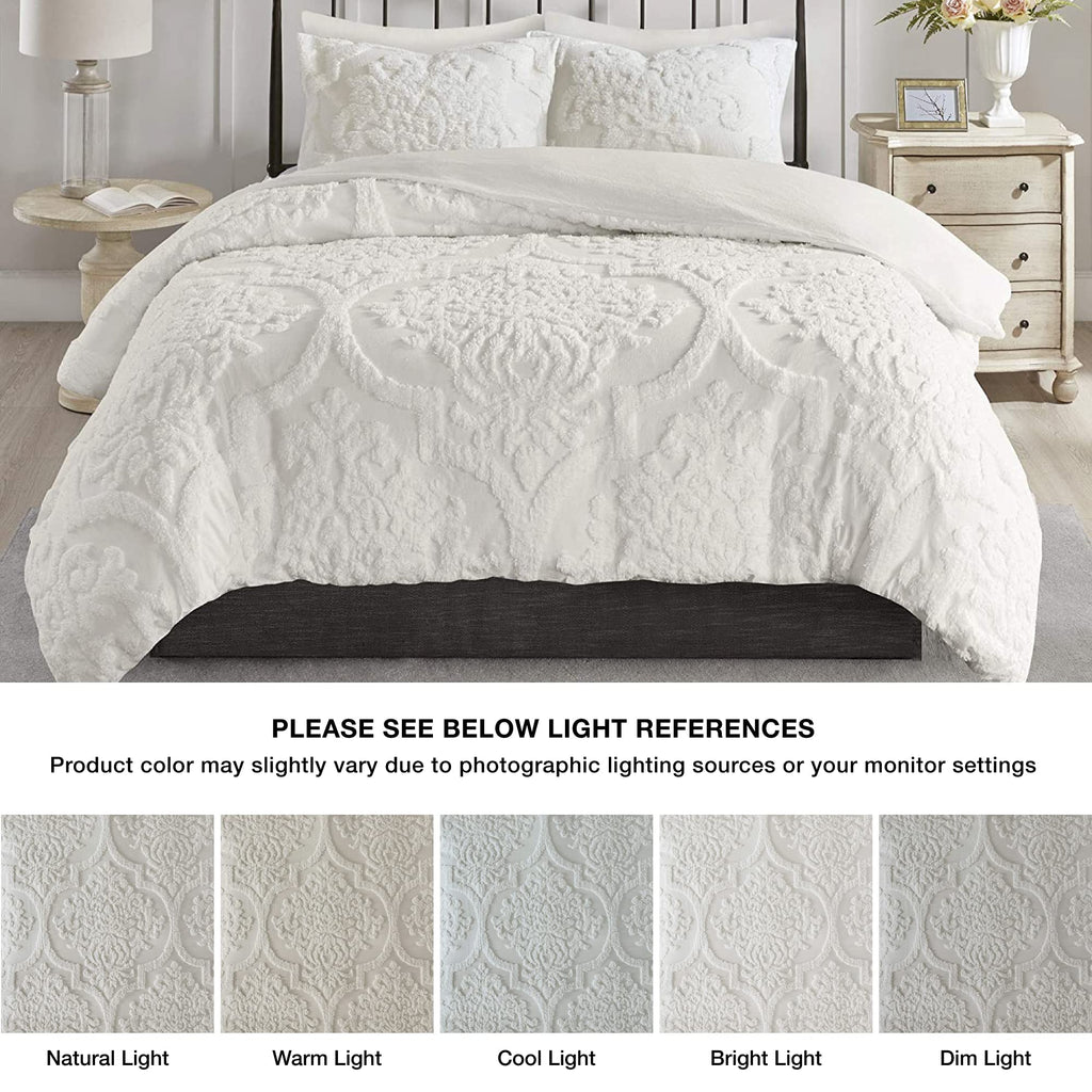 Madison Park Tufted Chenille Cotton Comforter, All Season Bedding Set, Matching Shams, Viola, Damask Off White King/Cal King(104'X92') 3 Piece