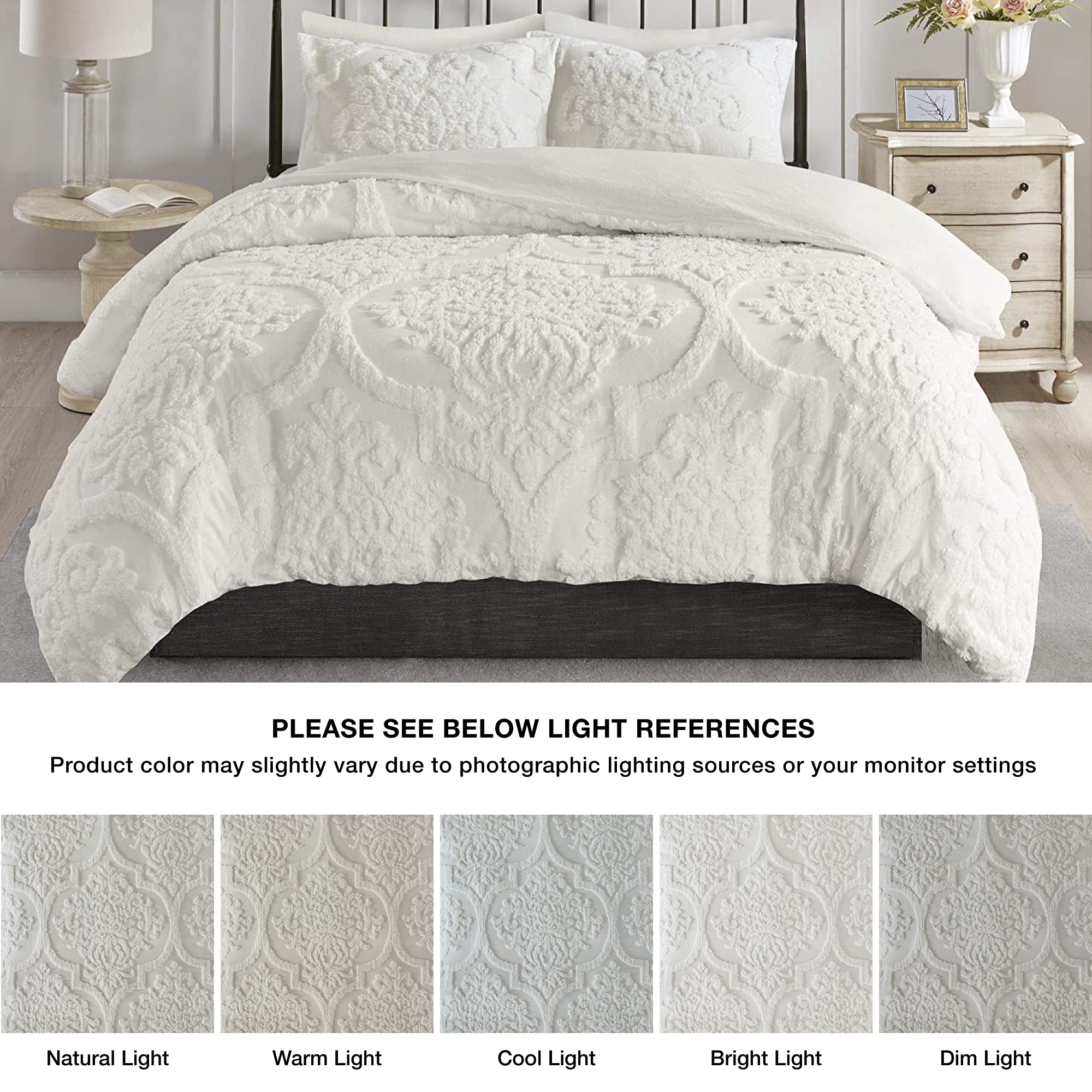 Madison Park Tufted Chenille Cotton Comforter, All Season Bedding Set, Matching Shams, Viola, Damask Off White King/Cal King(104'X92') 3 Piece