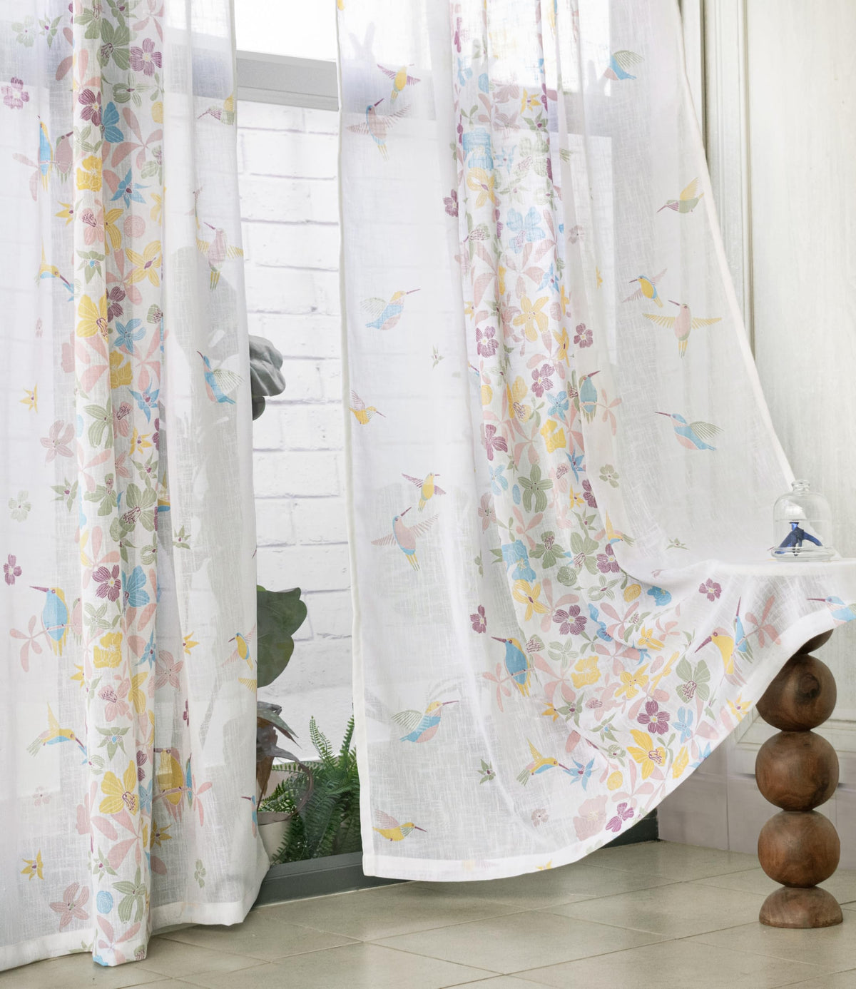 Tranquebar Curtain Co. Sheer Curtains 5 Feet, Linen Textured Sheer Fabric, 2030% Light Filtering, Multicolor Floral Birds Print