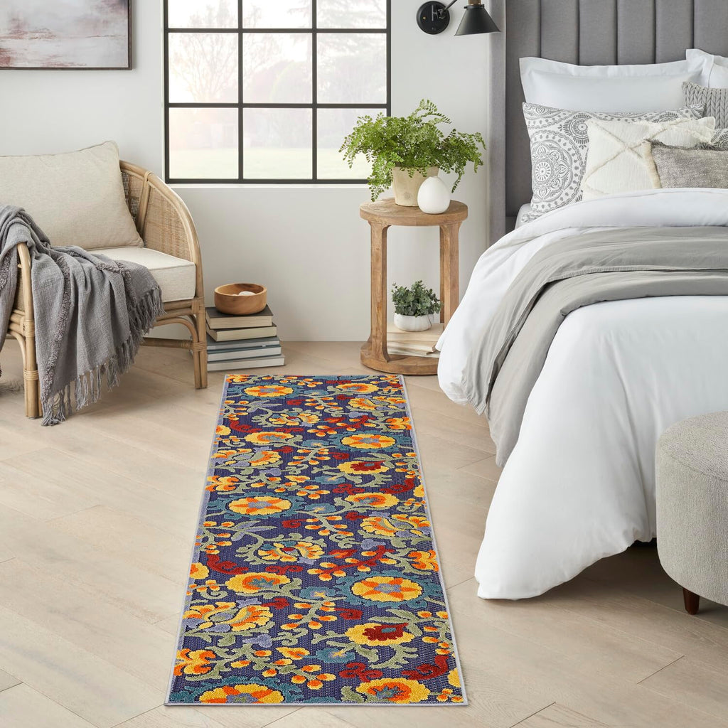 Nourison Aloha Indoor/Outdoor Navy Multicolor 2' X 6' Area Rug, Easy Cleaning, Non Shedding, Bed Room, Living Room, Dining Room, Backyard, Deck, Patio (2X6)