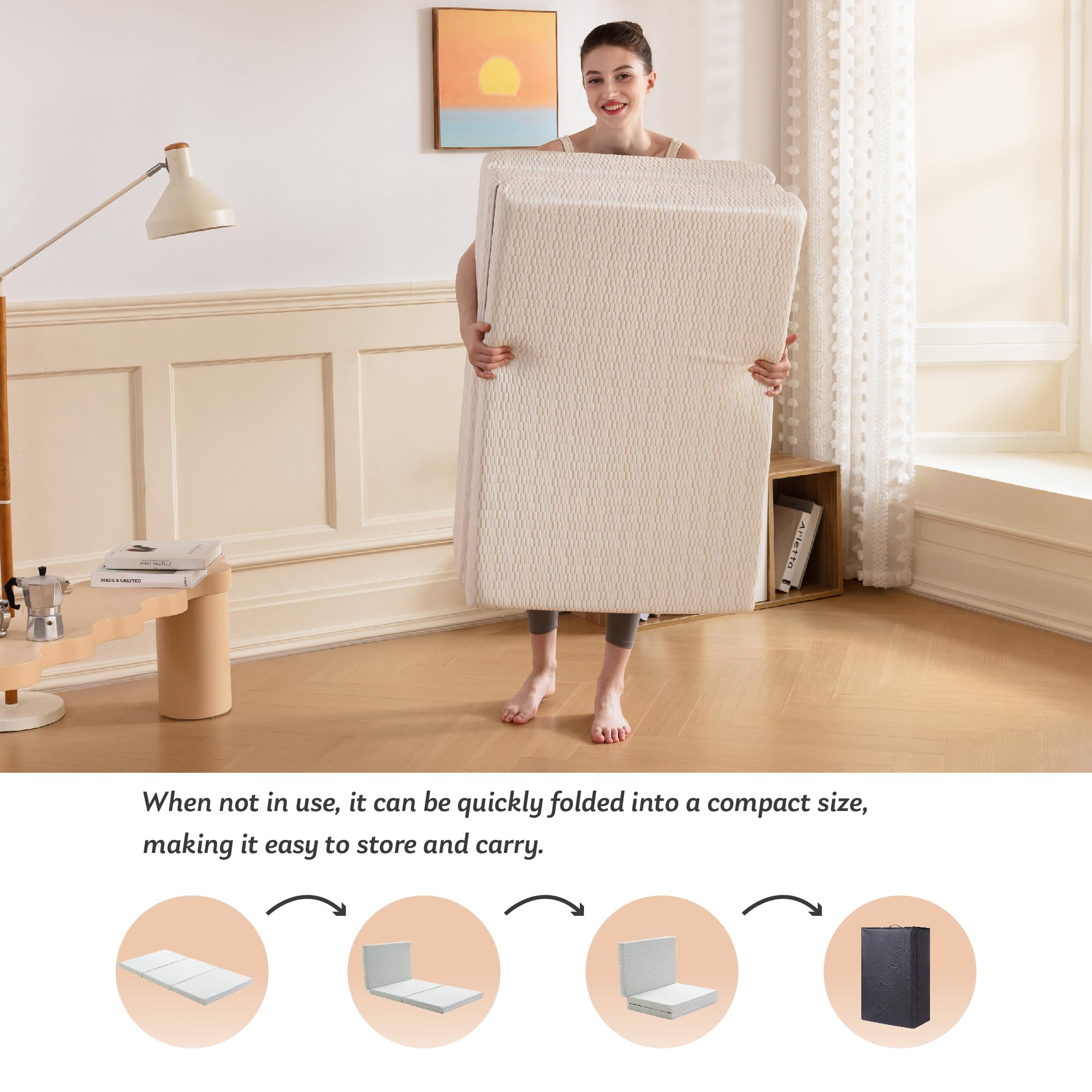 Mlily Folding Mattress, 3 Inch Single Tri-Fold Memory Foam Mattress, Foldable Mattress With Storage Bag And Washable Cover, Trav