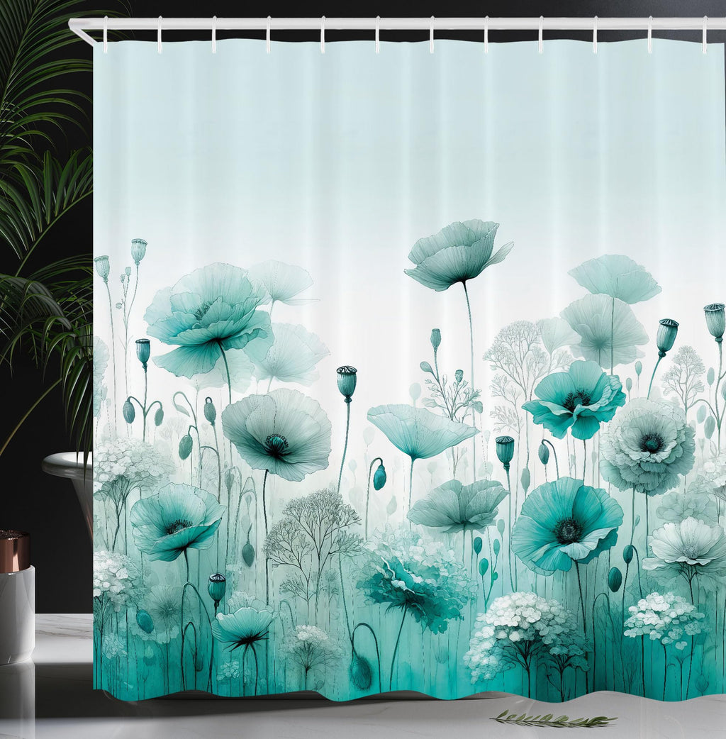 Ambesonne Turquoise Shower Curtain, Chill Atmosphere of Flowering Poppy Scene with Oceanic Green Tones, Cloth Fabric Bathroom De