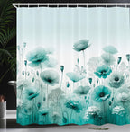 Ambesonne Turquoise Shower Curtain, Chill Atmosphere of Flowering Poppy Scene with Oceanic Green Tones, Cloth Fabric Bathroom De