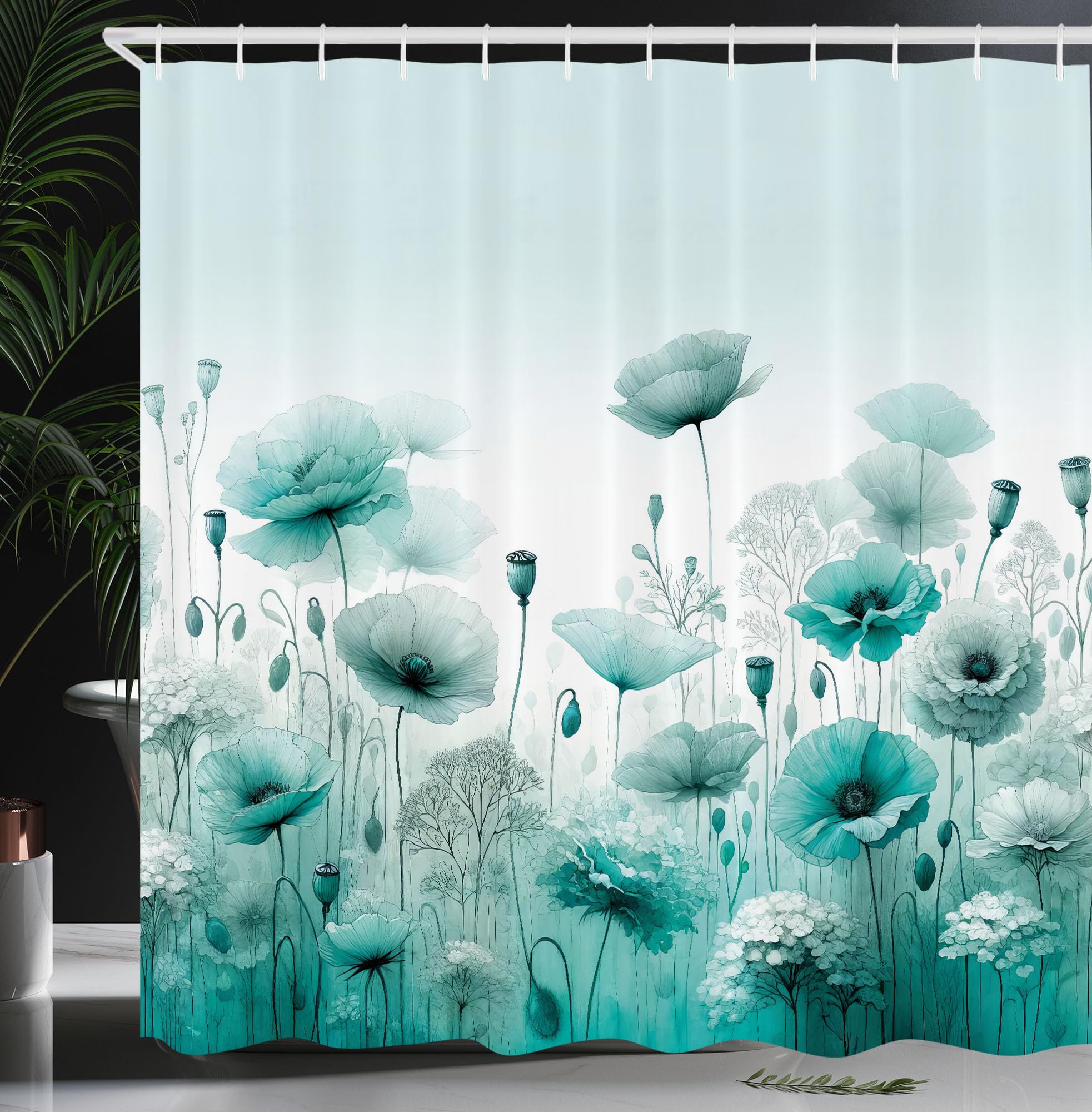 Ambesonne Turquoise Shower Curtain, Chill Atmosphere of Flowering Poppy Scene with Oceanic Green Tones, Cloth Fabric Bathroom De