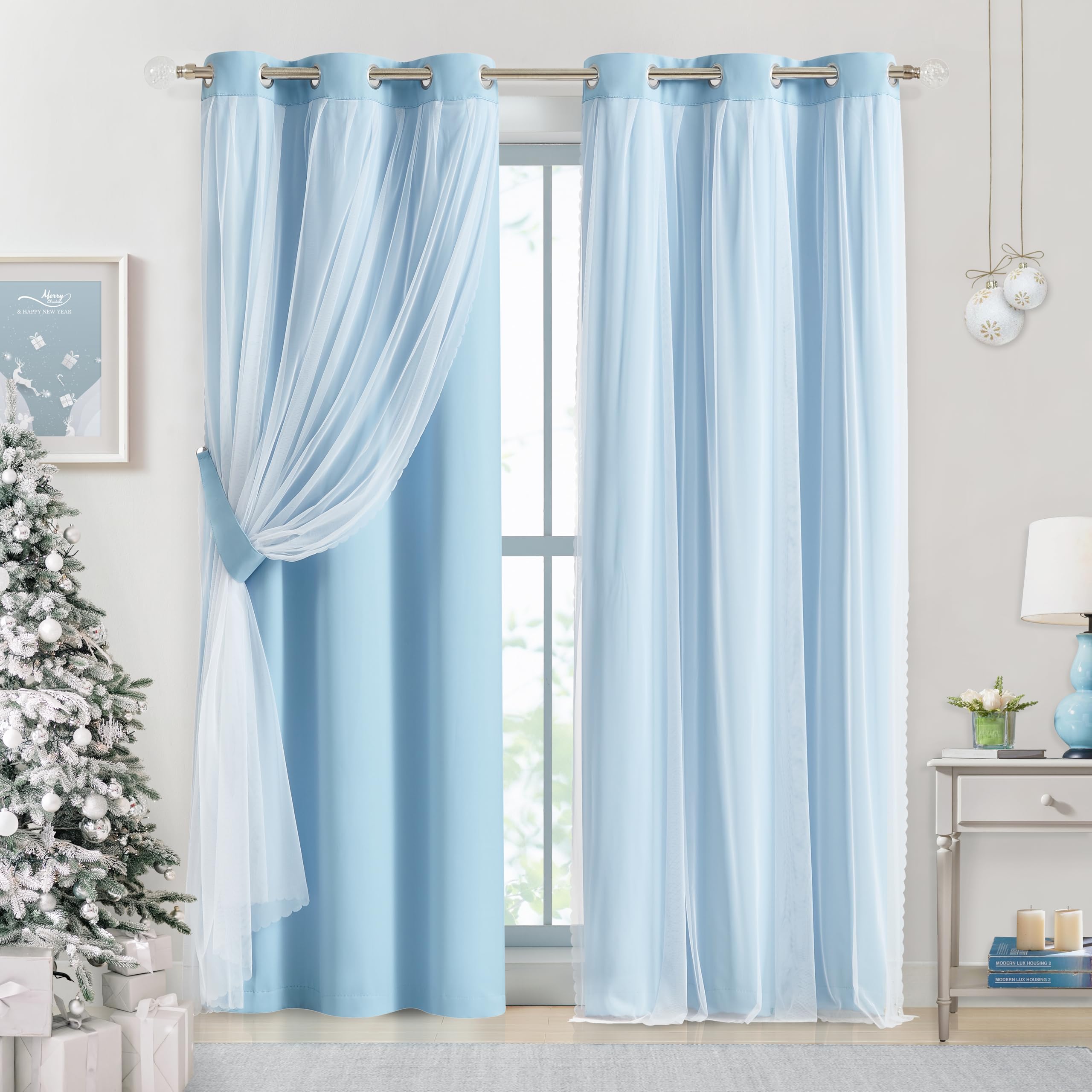 Bujasso Sky Blue 80% Blackout Curtains With Sheer Overlay Mix And Match Double Layer Thermal Insulated Window Panels 84 Inch For