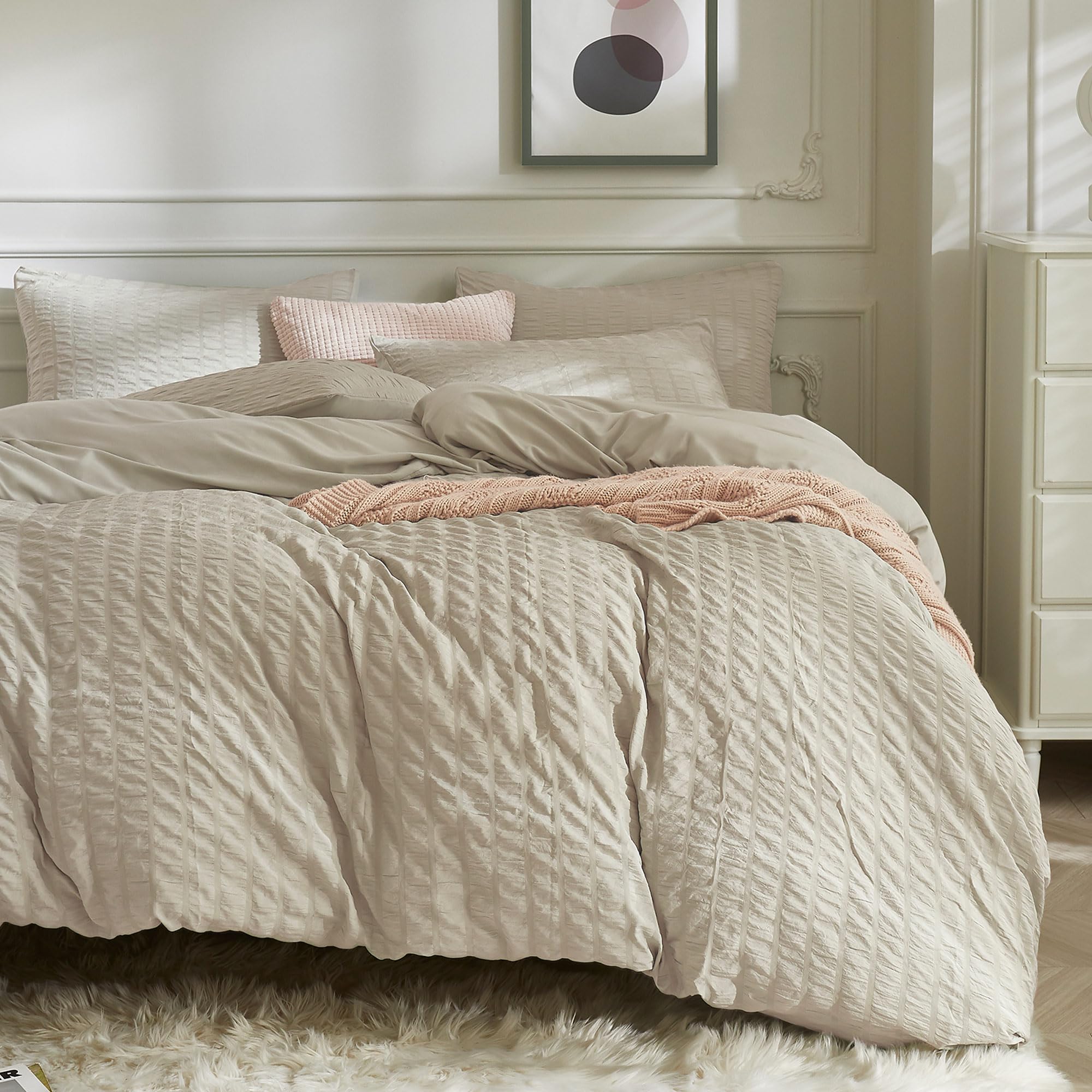 Jellymoni Cream Grey Duvet Cover Queen Size, 3Pcs Washed Microfiber Bedding Set, Soft Breathable Seersucker Duvet Cover Set With