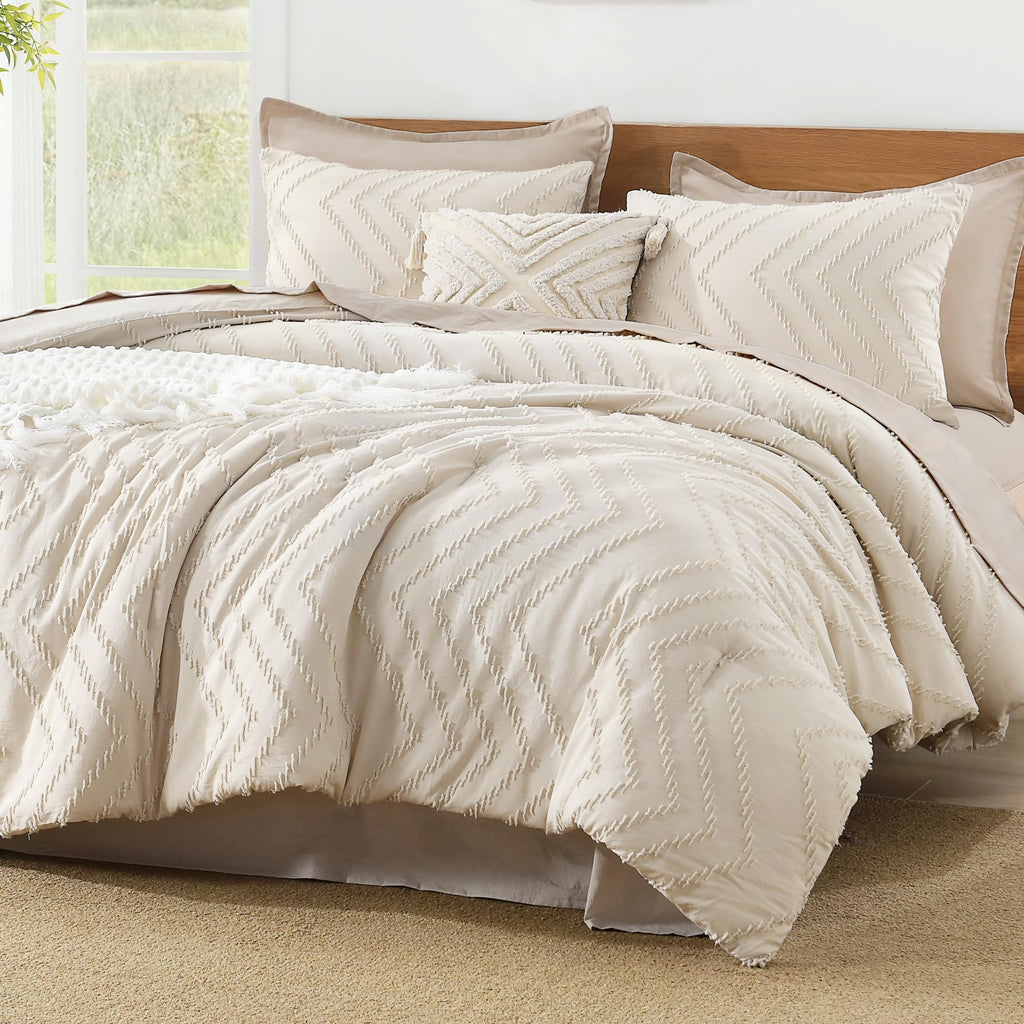 Litanika California King Comforter Set Beige, 3 Pieces Cal King Oversized King Chevron Tufted Boho Bedding Comforter Sets, Fluff