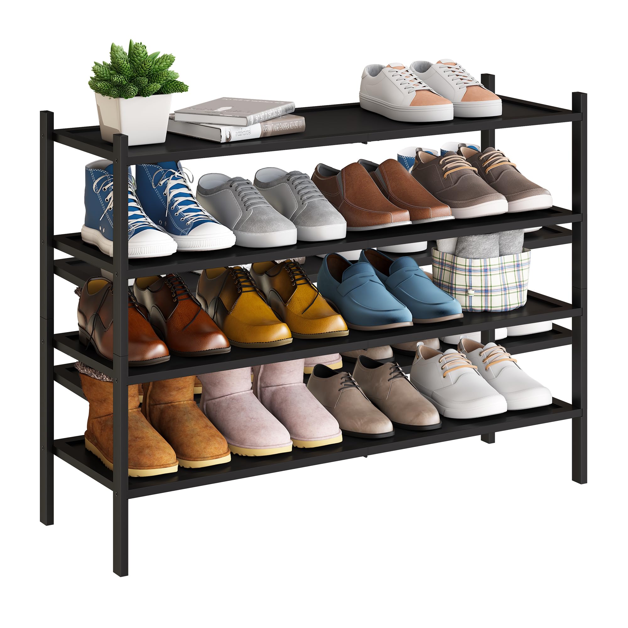 Bmosu 4-Tier Bamboo Extended Shoe Rack Premium Stackable Shoe Shelf Storage Organizer For Hallway Closet Living Room Entryway Organizer(Black)