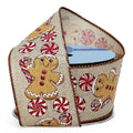 Gingerbread & Peppermints Wired Christmas Ribbon - 2 1/2' x 10 Yards, Faux Burlap, Brown Edge, Wreath, Gift Wrap, Bows, Winter 