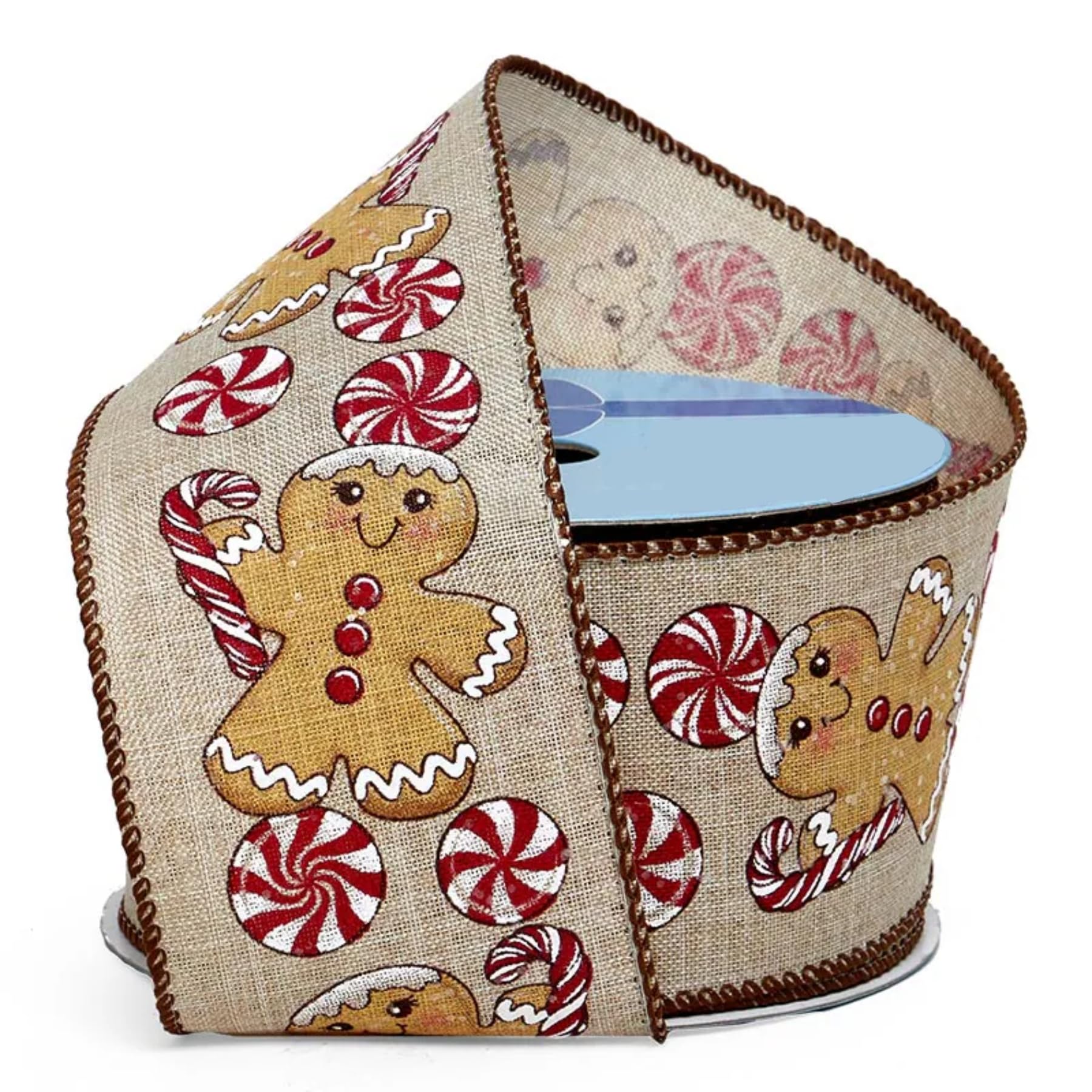 Gingerbread & Peppermints Wired Christmas Ribbon - 2 1/2' x 10 Yards, Faux Burlap, Brown Edge, Wreath, Gift Wrap, Bows, Winter 
