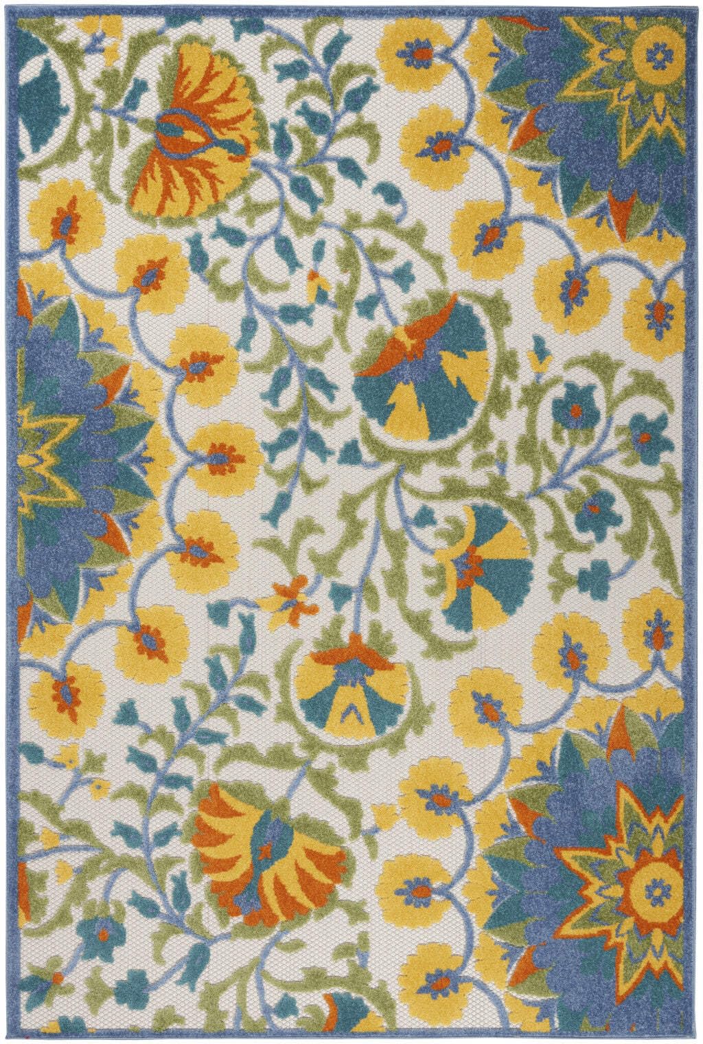 HomeRoots 4' Round Ivory and Blue Round Floral Indoor Outdoor Area Rug