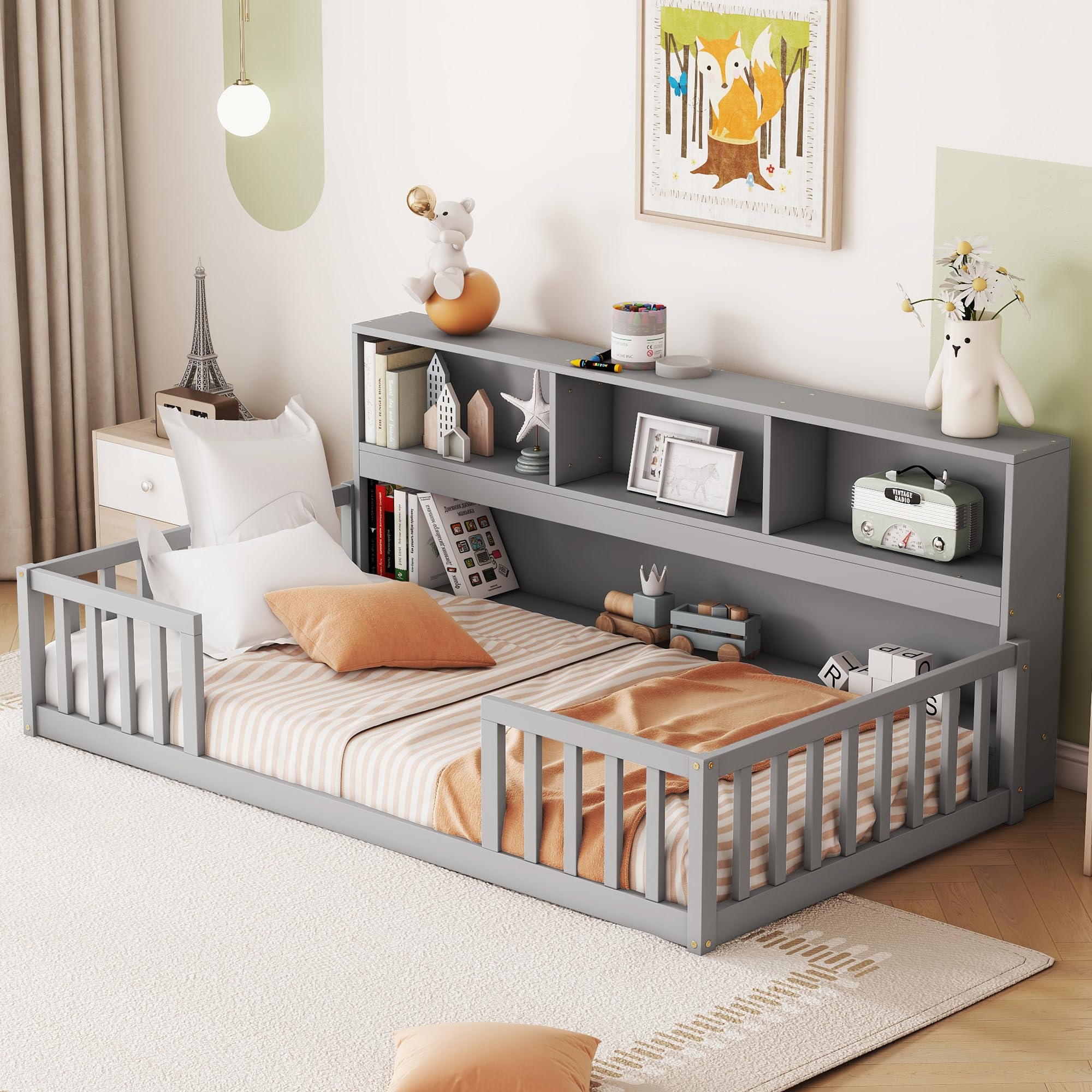 Bellemave Kids Montessori Floor Bed,Twin Size Floor Bed with Bookcase and Shelves,Twin Bed Frame with Guardrails for Kids,Girls,