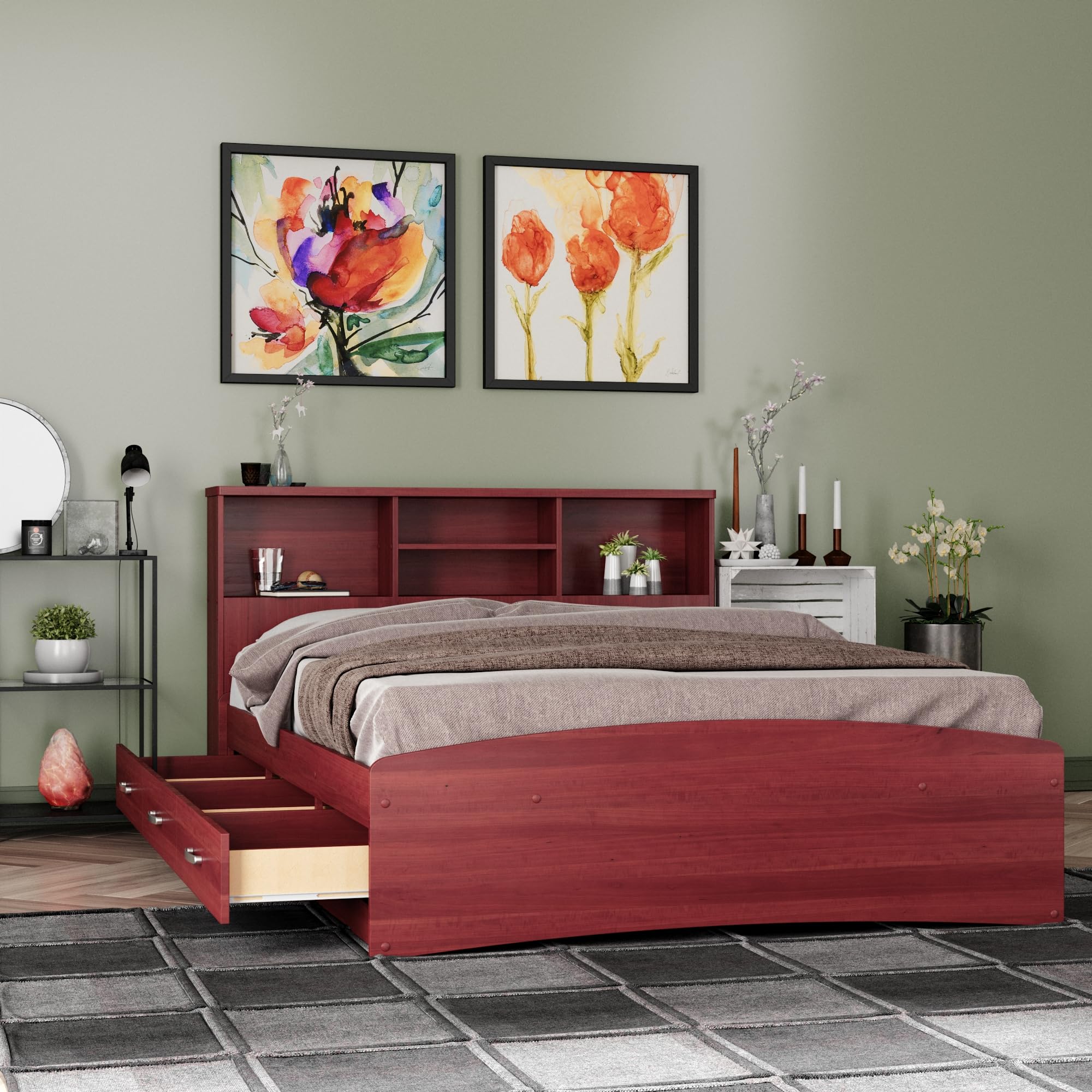 Bed with 3 Drawers and Bookcase Headboard (Mahogany, Full)