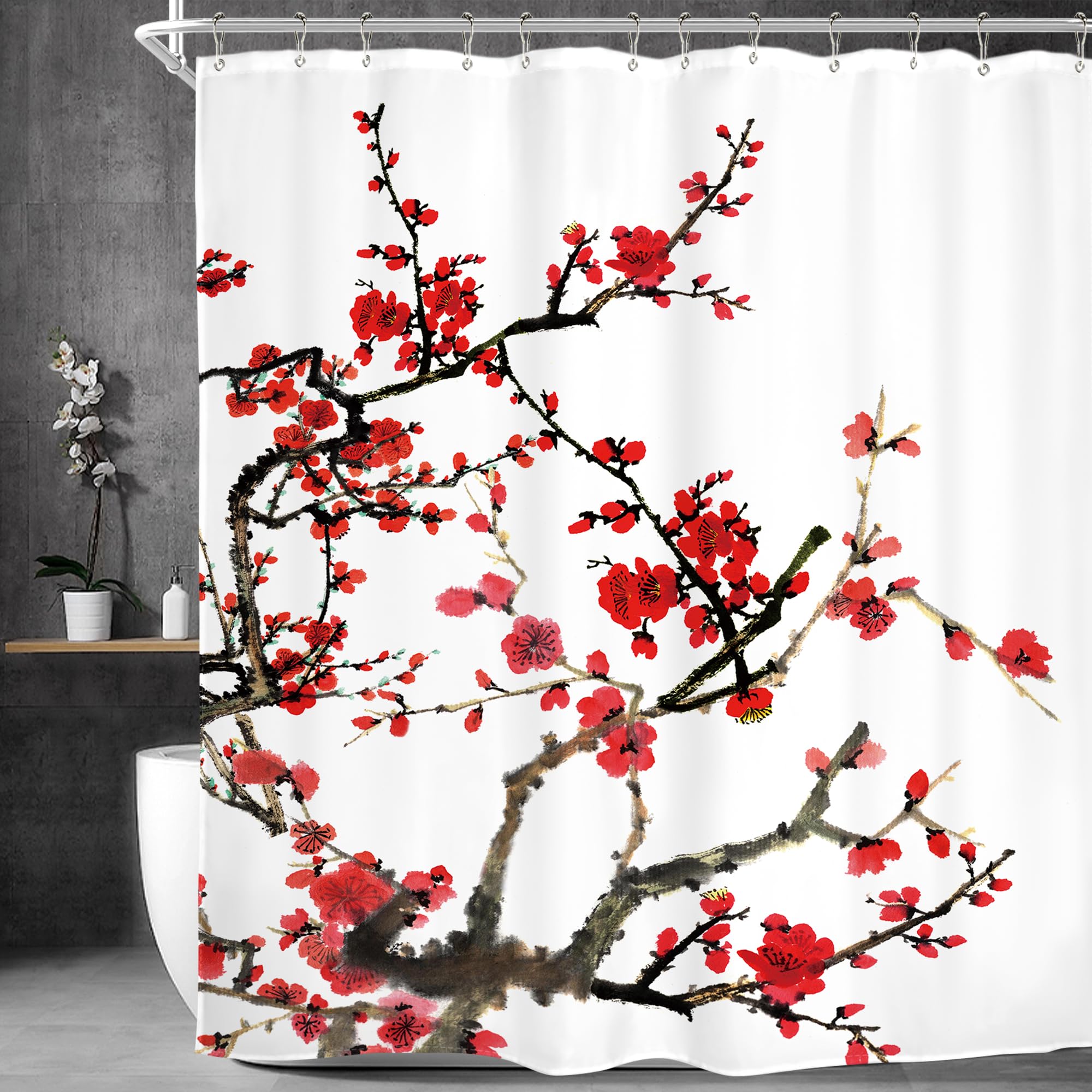 Homewelle Red Floral Shower Curtain For Bathroom 60Wx72L Inch Cherry Blossom Flower Plum Asian Japanese Aesthetic Watercolor Tra