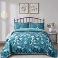 Wongs Bedding Quilt Set King Size, 3 Pieces Teal Floral Botanical Leaves Bedspread Coverlet Set With 2 Pillowcases For All Seaso