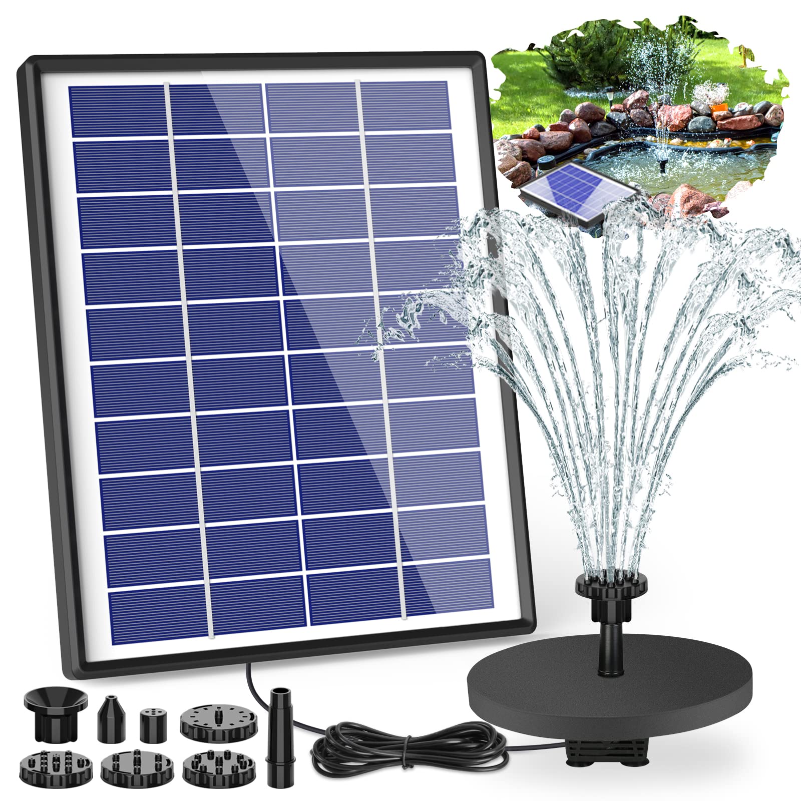 Aisitin 6.5W Solar Fountain Pump Built-In 1500Mah Battery, Solar Bird Bath Fountain With 6 Nozzles, Solar Floating Water Fountai