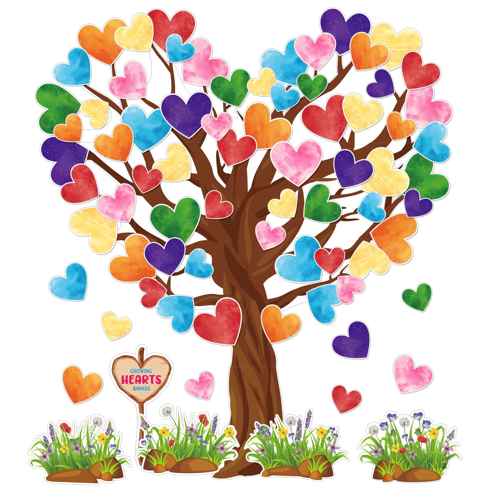 Whaline 108Pcs Valentine'S Day Heart Tree Bulletin Board Decor Colorful Heart Tree Cut-Outs Valentine Watercolor Lovely Classroo