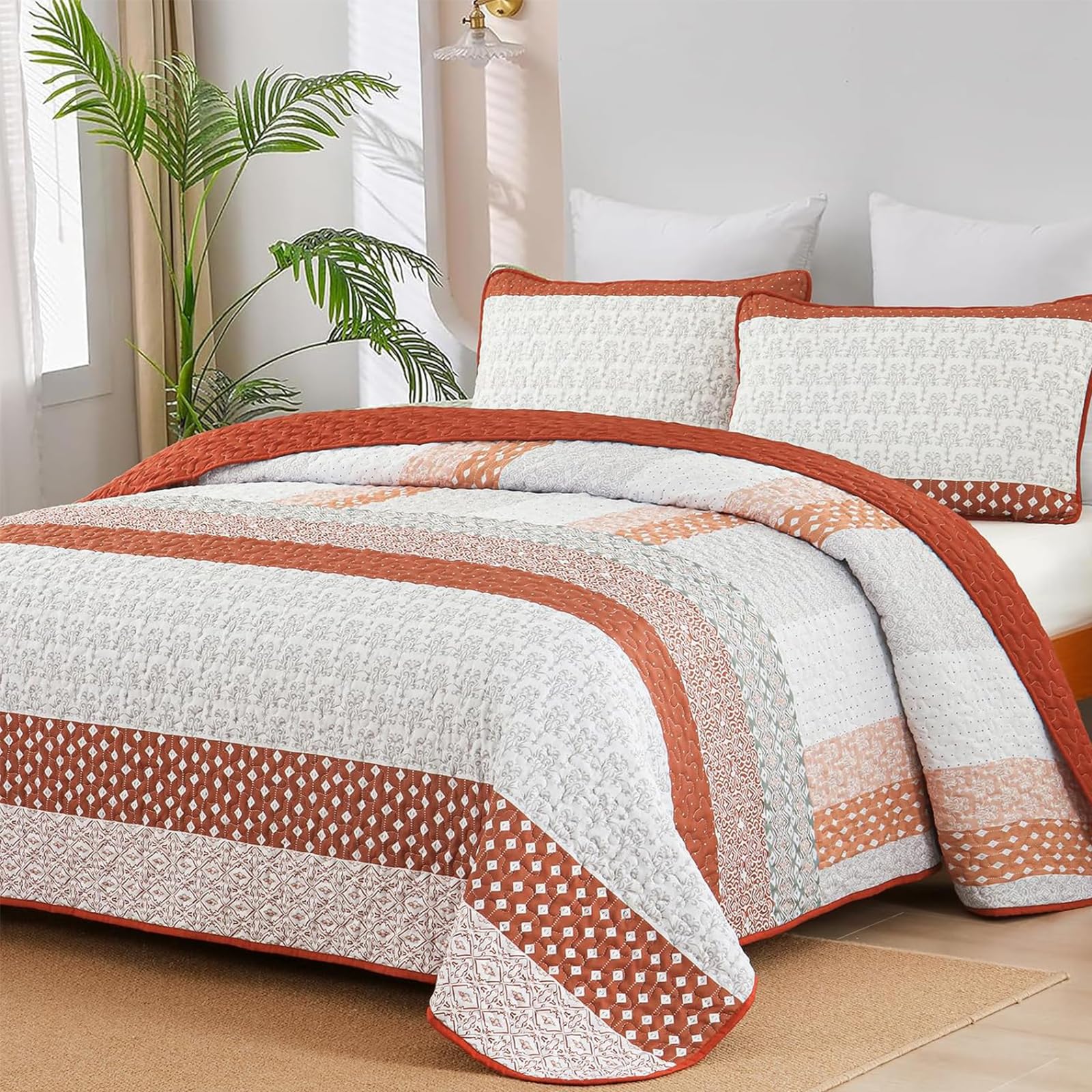 Wongs Bedding Burnt Orange Quilt Queen Size, Bohemian Stripe Quilt Sets 3 Pieces Orange Boho Quilted Bedspread Set Lightweight M