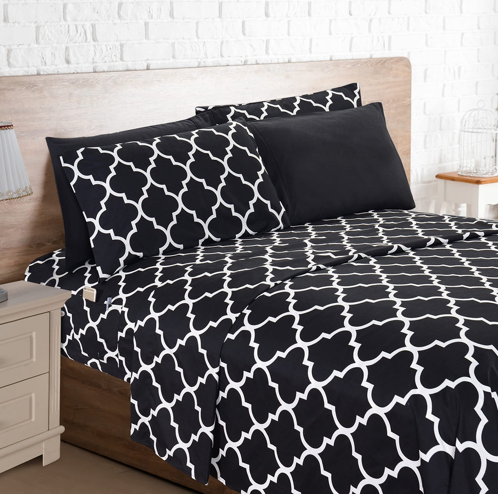 Elegant Comfort 6-Piece Moroccan Trellis Print Sheet Set, Super Cozy, Fade And Wrinkle Resistant, 1500 Premium Hotel Quality Microfiber, Deep Pocket Fitted Sheet With Smart Pockets, King, Black