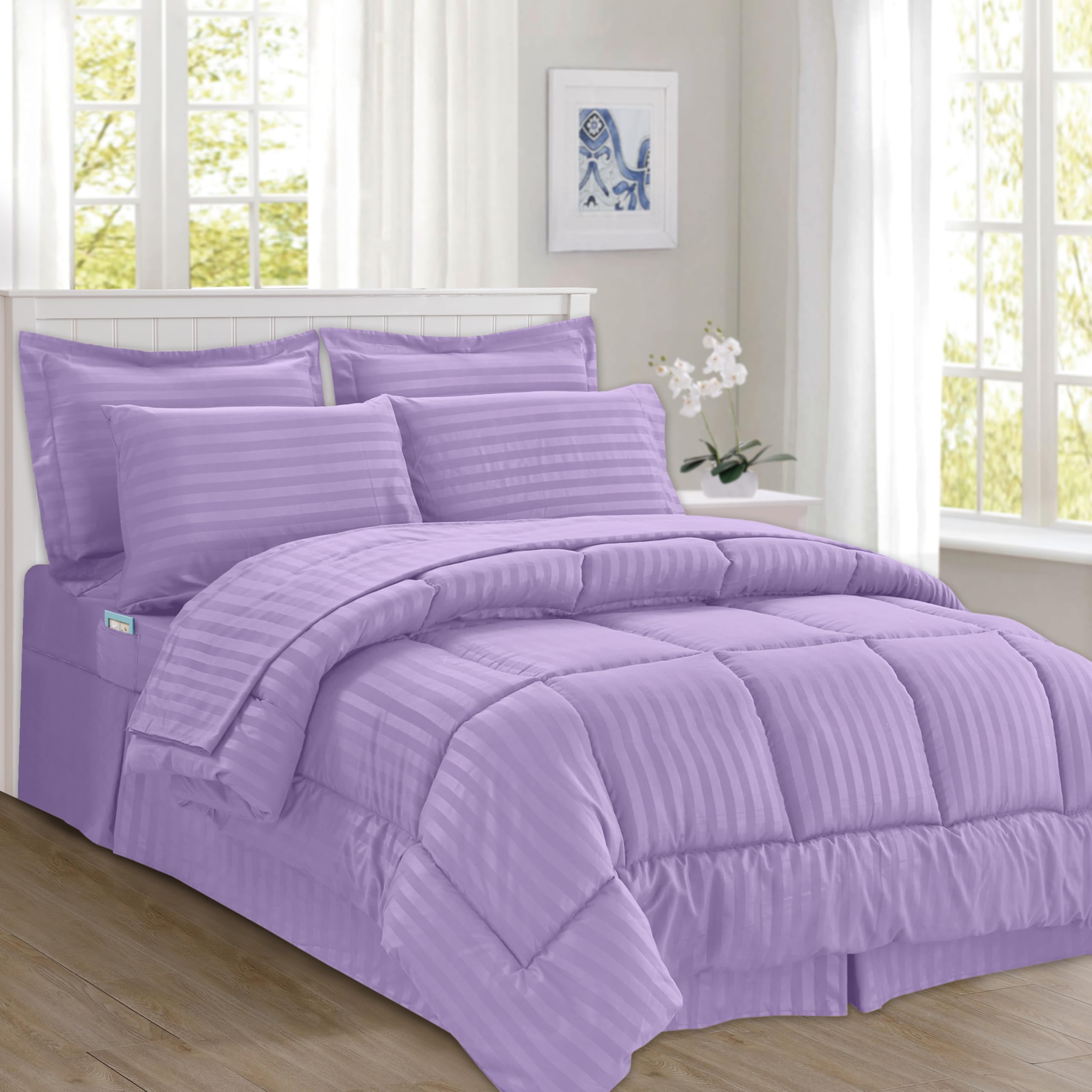 Elegant Comfort Silky Soft 8-Piece Dobby Stripe Bed-In-A-Bag Comforter Set, Includes 4Pc Smart Sheet Set, Bed Skirt, Comforter, Matching Pillowcases And Shams - Twin/Twin Xl, Lilac