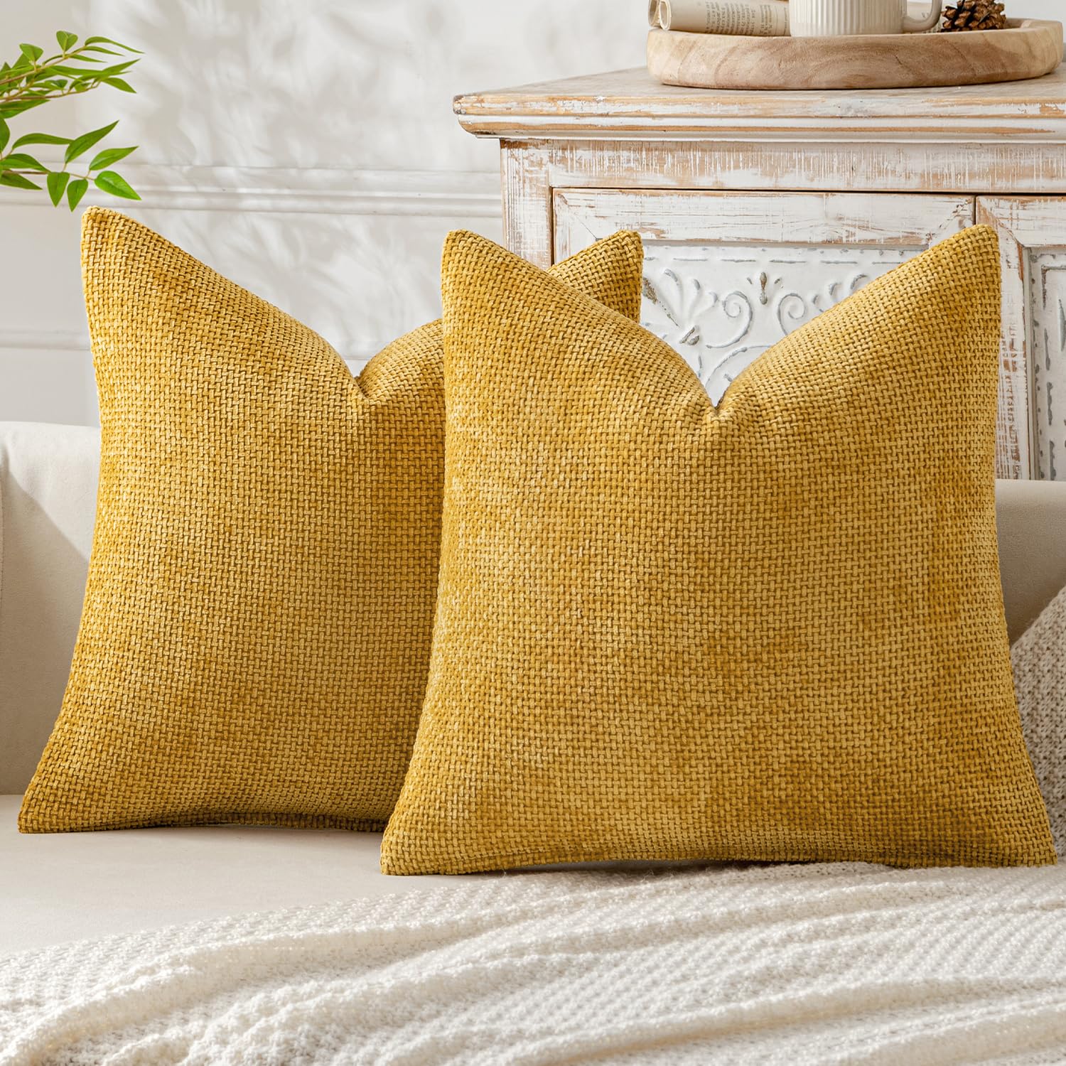 Miulee Pack Of 2 Gold Decorative Pillow Covers 18X18 Inch Soft Chenille Couch Throw Pillows Farmhouse Cushion Covers For Home De