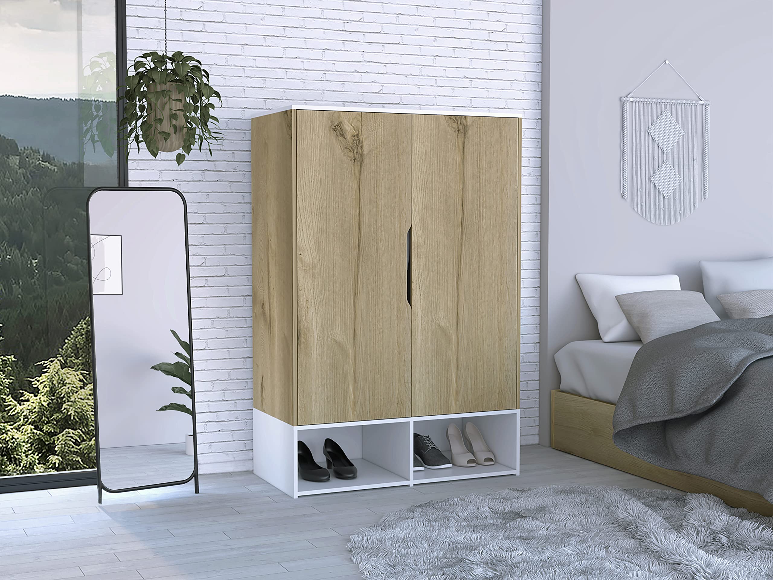 Bamboo Armoire, Double Door Cabinets, 5 Shelves, Hanging Rod, 2 Open Shelves, Light Oak/White