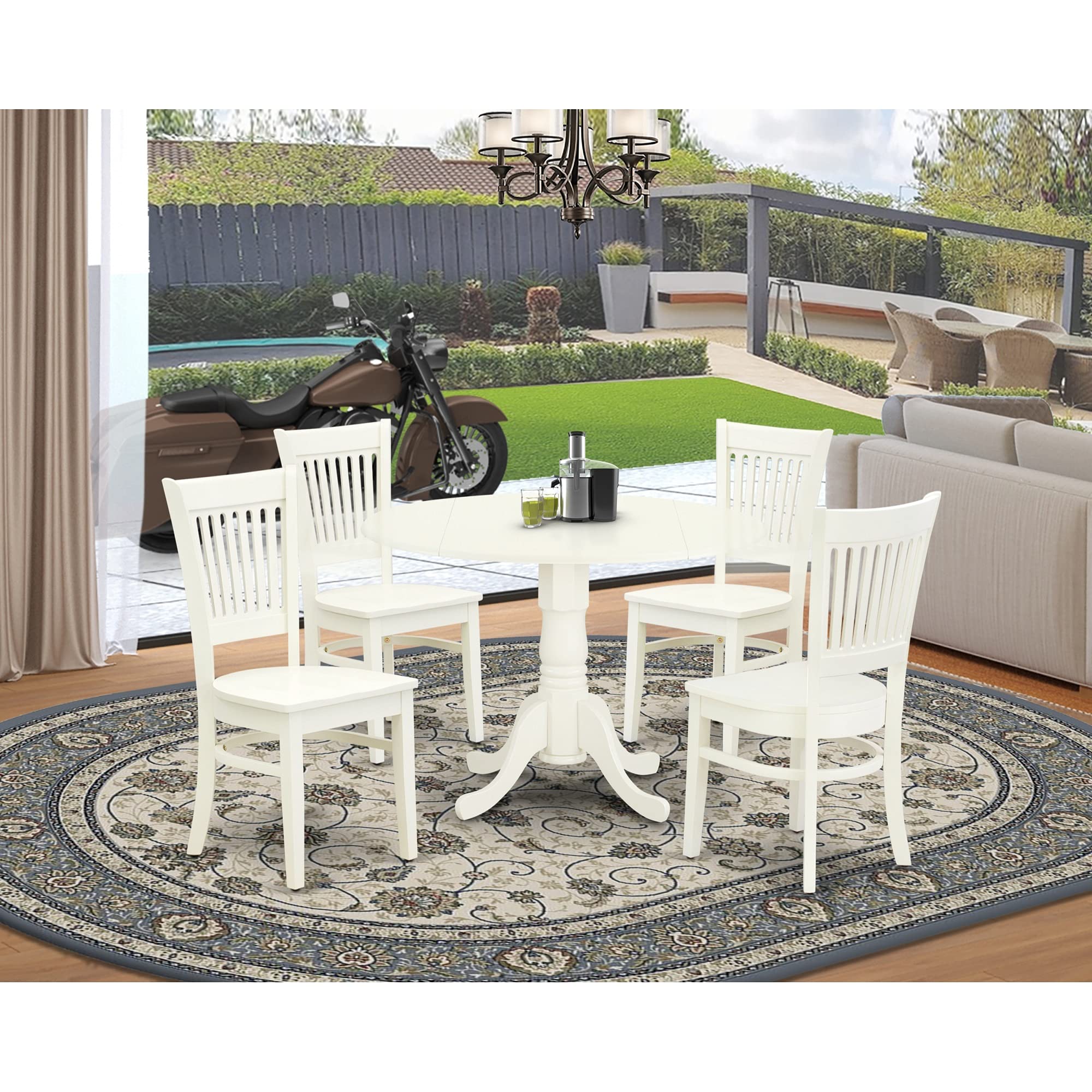 East West Furniture Dlva5-Lwh-W 5 Piece Kitchen Table & Chairs Set Includes A Round Dining Room Table With Dropleaf And 4 Dining Chairs, 42X42 Inch, Linen White