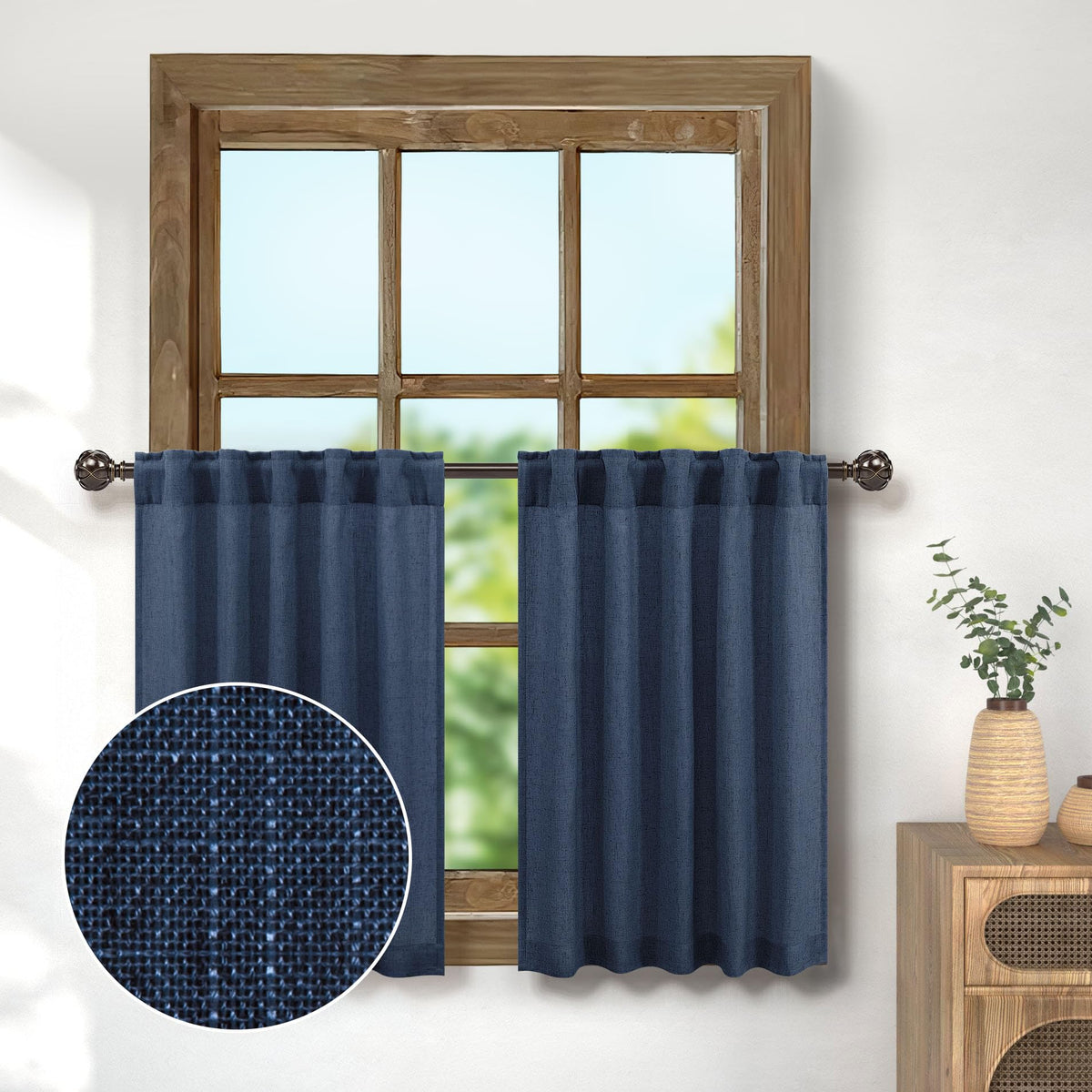 Pitalk Navy Blue Half Curtains For Windows 36In Long Flax Linen Kitchen Back Tab Pocket Semi Privacy Glare Control Energy Effici