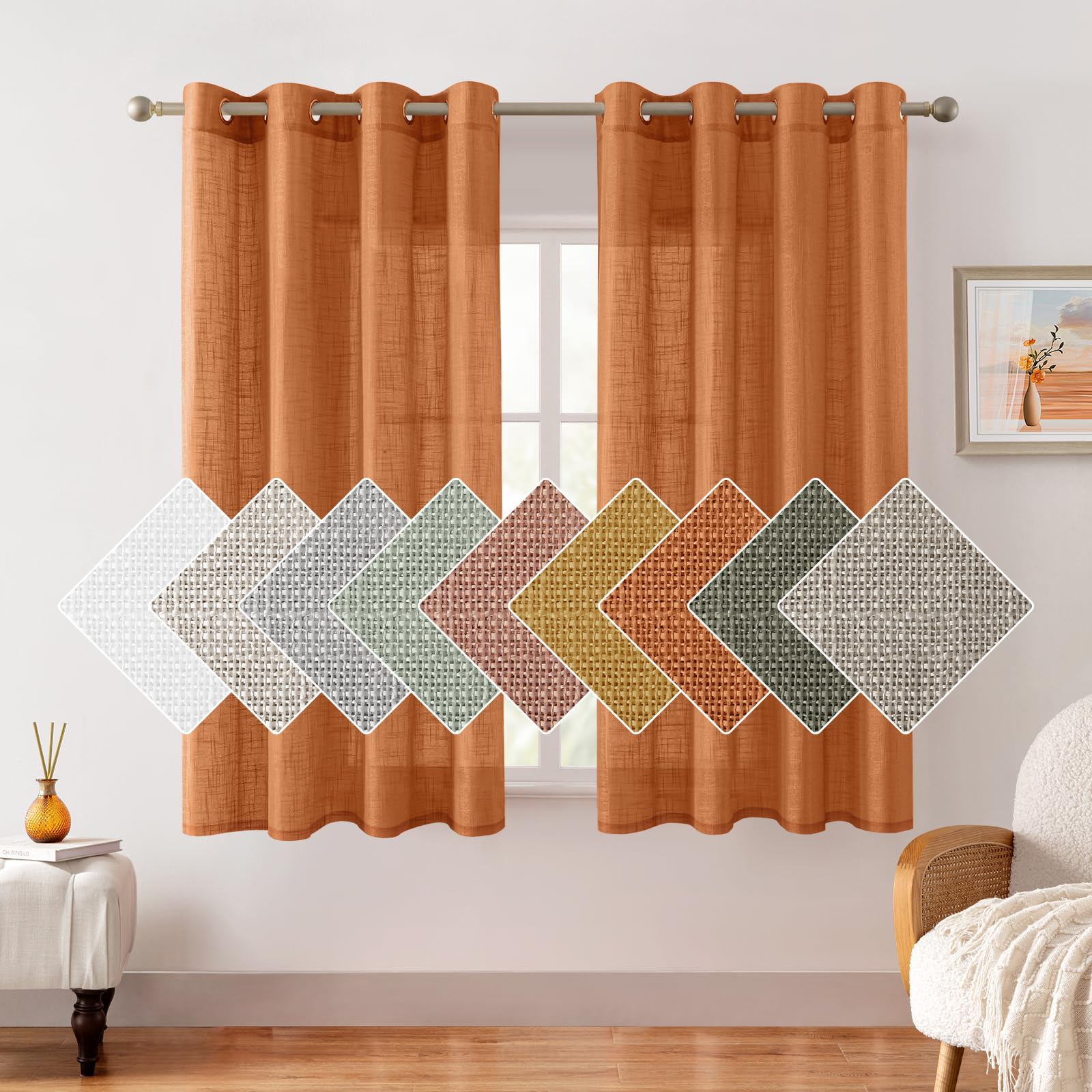 HOMEIDEAS Orange Linen Sheer Curtains 63 Inches Long 2 Panels Textured Semi Sheer Curtains Farmhouse Curtains Sheer Privacy Wind