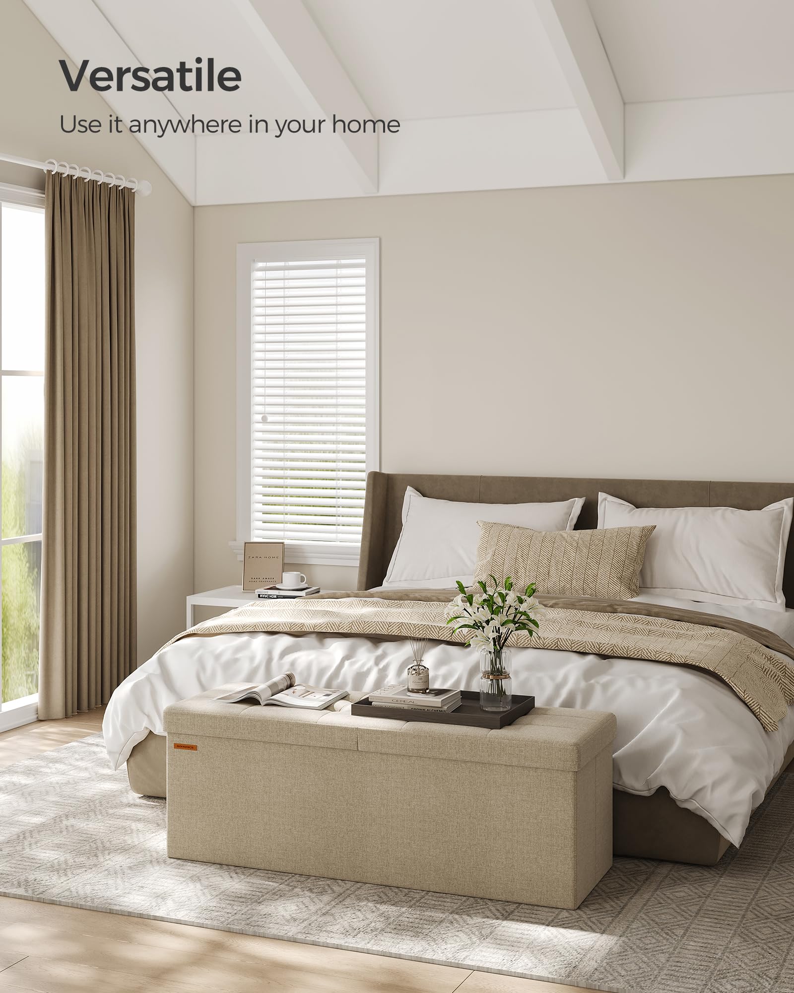 Songmics Mazie Collection - 43 Inches Storage Ottoman, Foldable Storage Bench With Flipping Lid, 660 Lb Load Capacity, For Entryway, Living Room, Bedroom, Camel Brown Ulsf076K01