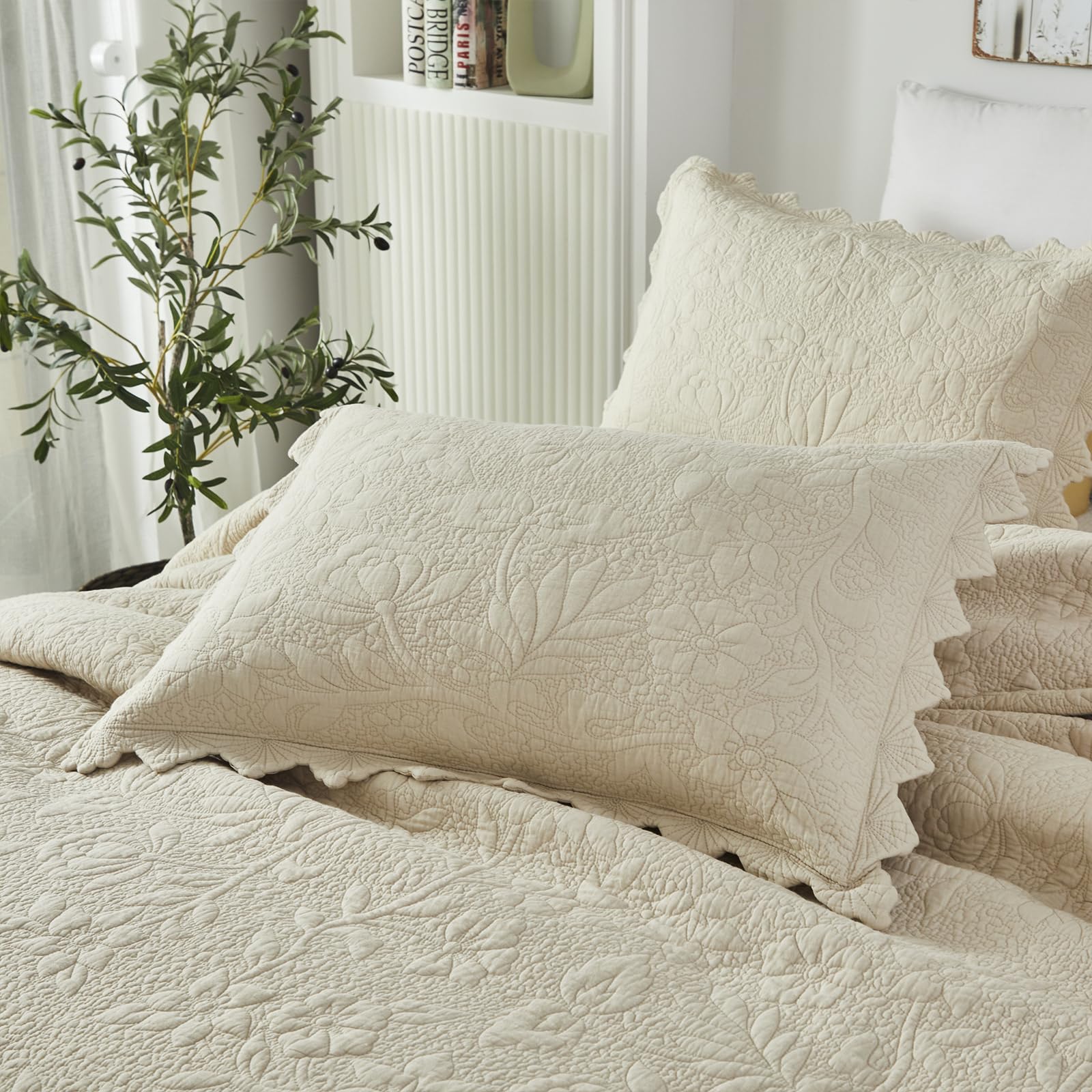 Brandream Standard Size Quilted Pillow Shams Cotton Set Of 2 Beige Shabby Vintage Farmhouse Decorative Pillow Covers