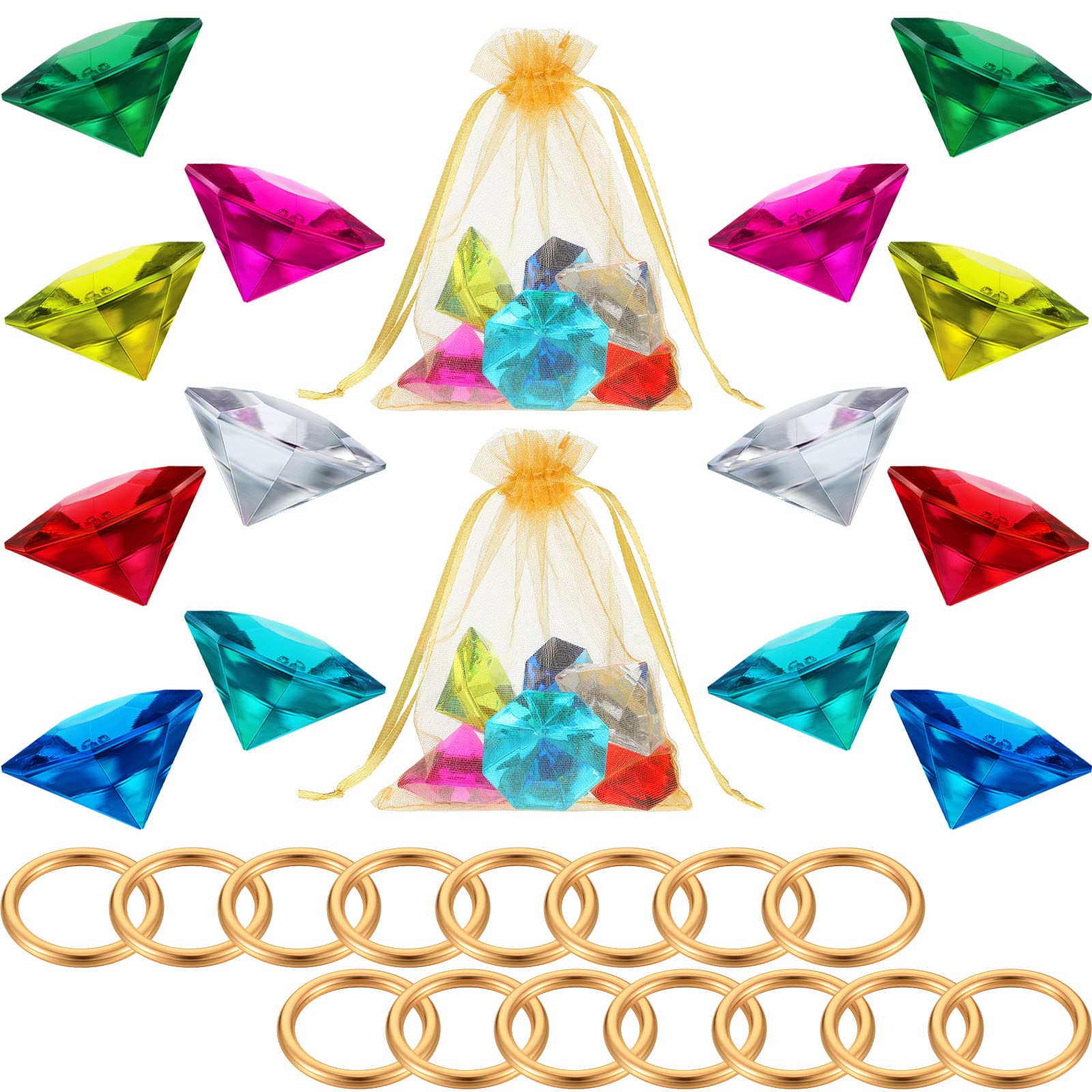 Chalyna 45Pcs Acrylic Diamond Gem Jewelry Alloy Gold Round Ring Set Halloween Party Favor Pirate Treasure Hunting Cake Decor wit