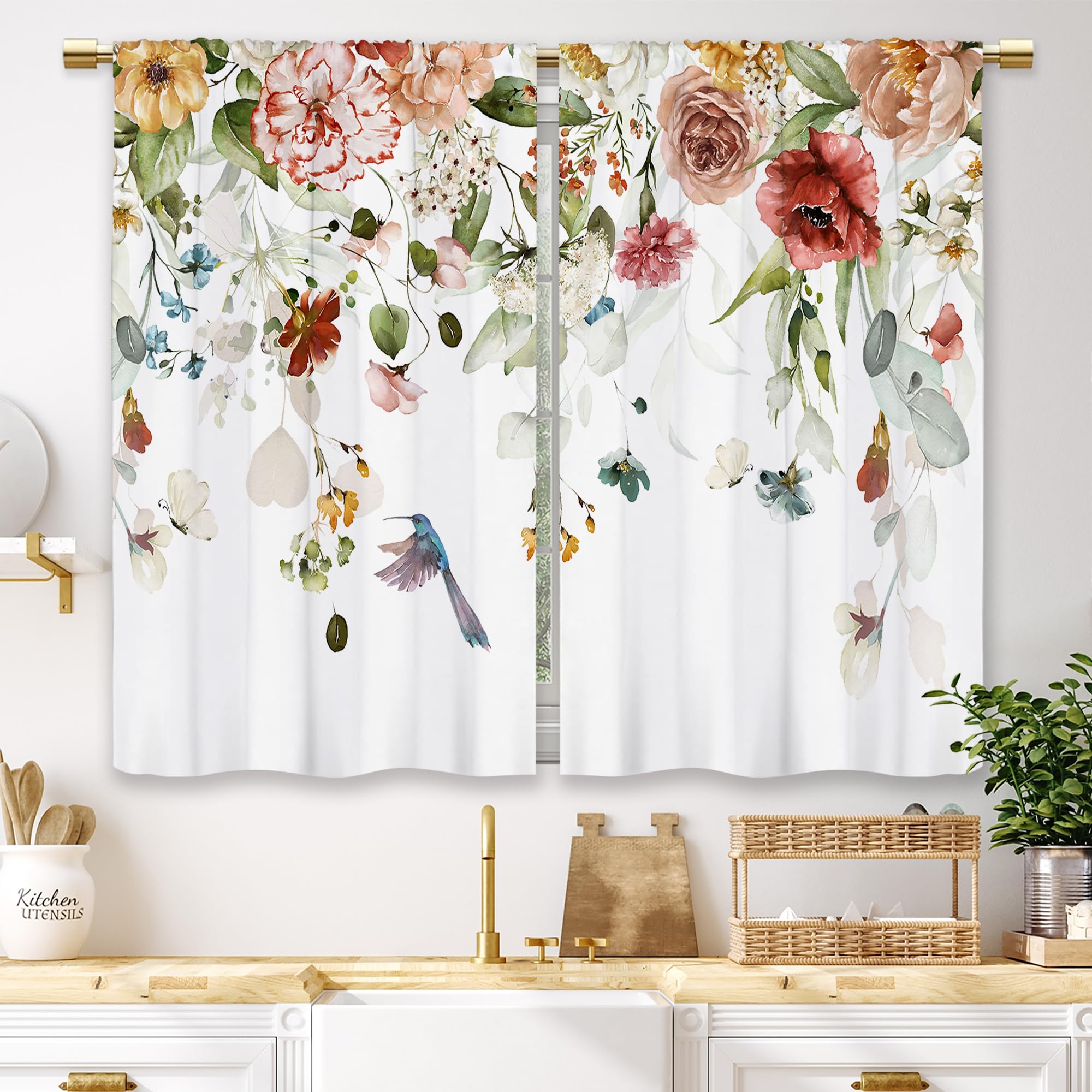 Laifzere Watercolor Red Floral Kitchen Curtains Flower Plant Small Short Cafe Window Curtains Rustic Colorful Wildflower Humming