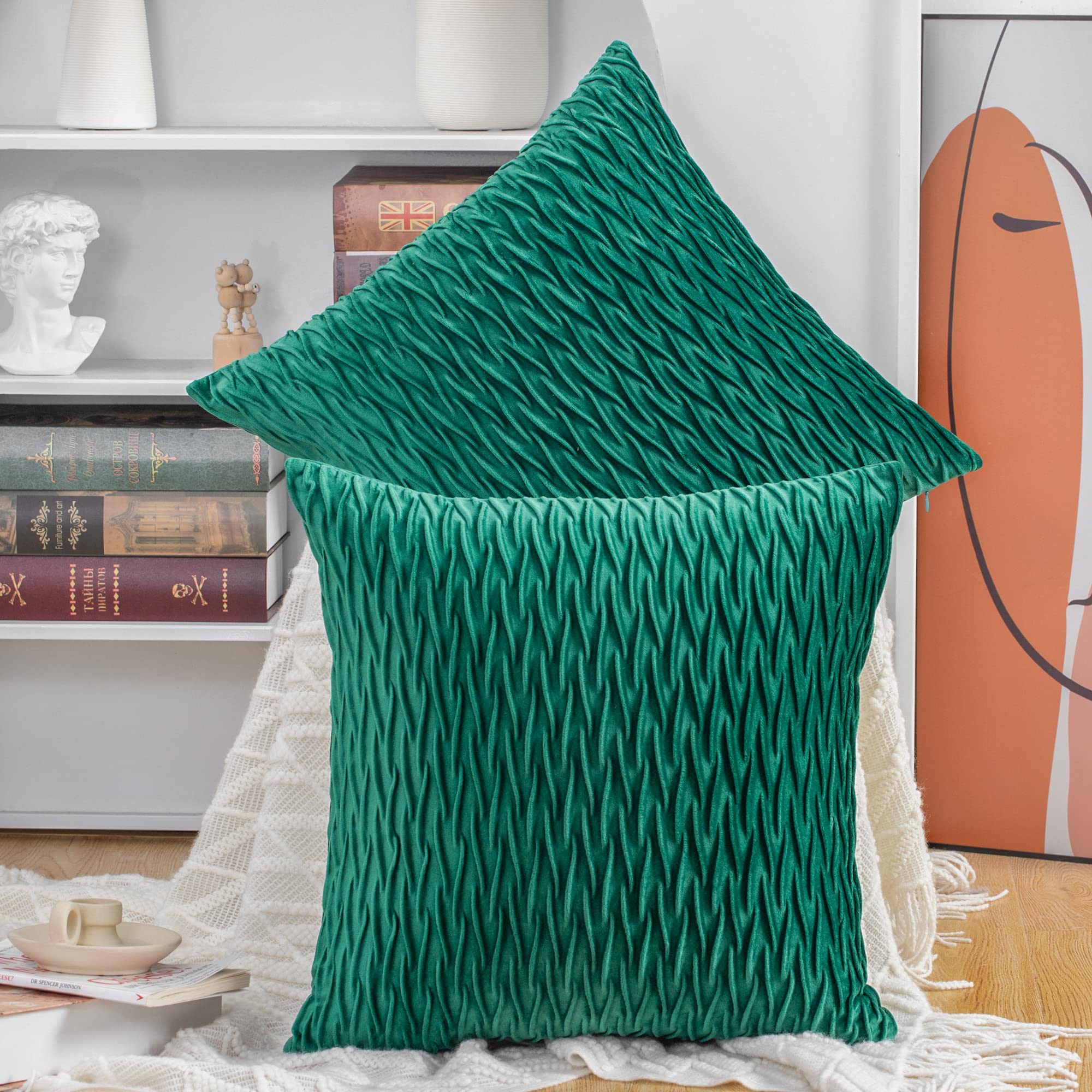 Madizz Set Of 2 Super Soft Velvet Decorative Throw Pillow Covers 24X24 Inch Green Square With Texture Luxury Style Cushion Case