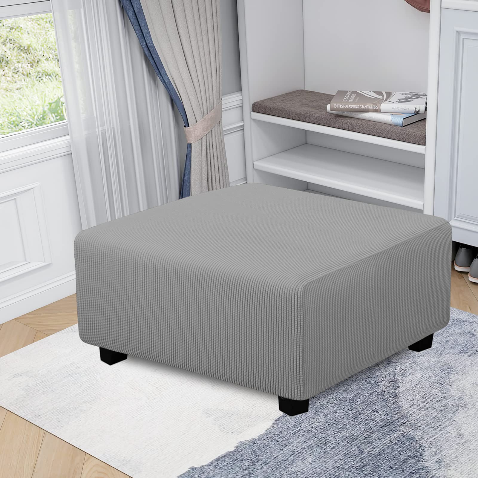Easy-Going Stretch Square Ottoman Cover 40X40X15 Inch Folding Storage Stool Furniture Protector Soft Rectangle Slipcover With Elastic Bottom Light Grey